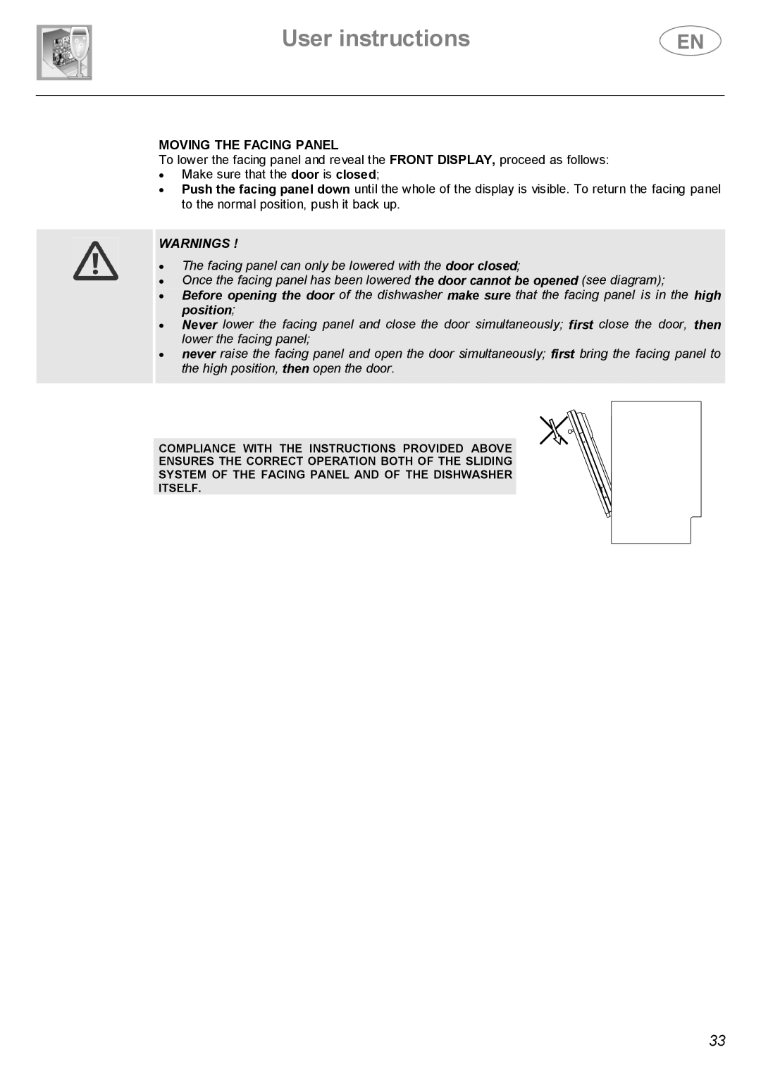 Smeg BL1S, BL2S instruction manual Moving the Facing Panel 