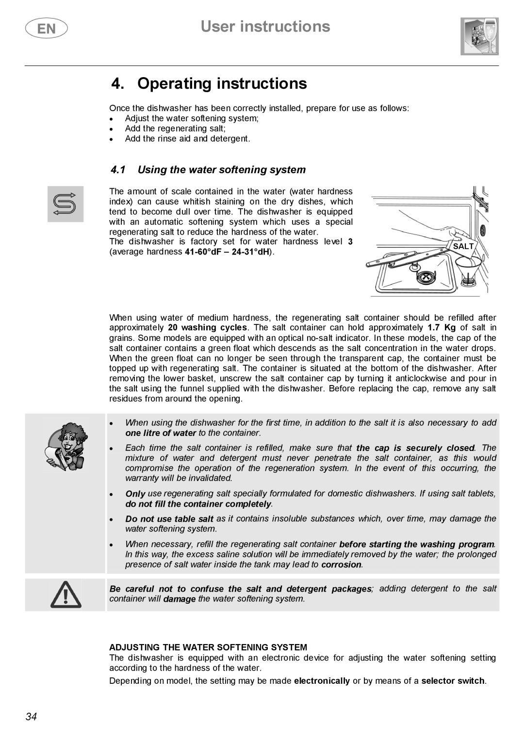 Smeg BL1S, BL2S Operating instructions, Using the water softening system, Adjusting the Water Softening System 