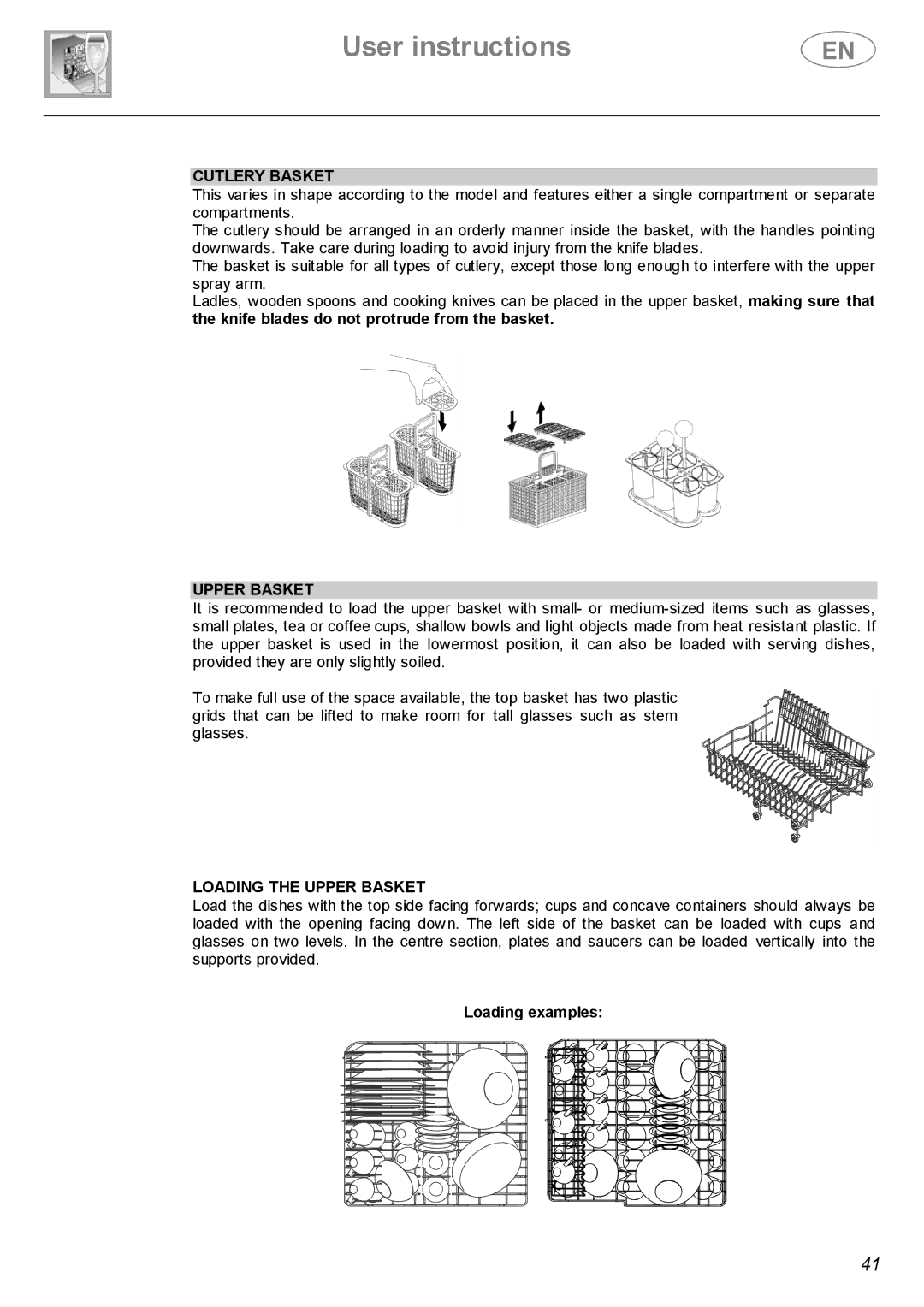 Smeg BL1S, BL2S Cutlery Basket, Knife blades do not protrude from the basket, Loading the Upper Basket 