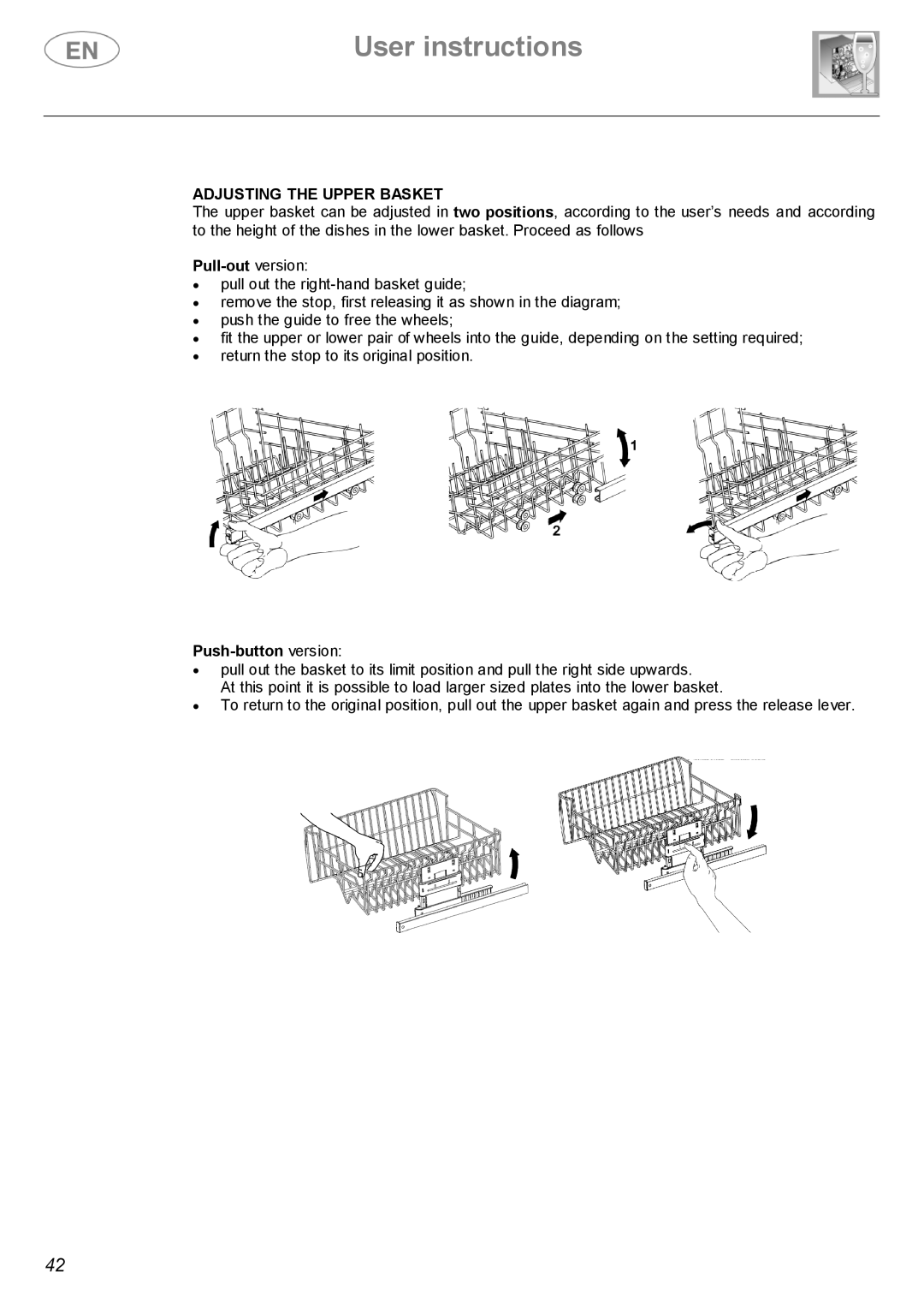 Smeg BL1S, BL2S instruction manual Adjusting the Upper Basket, Pull-out version, Push-button version 