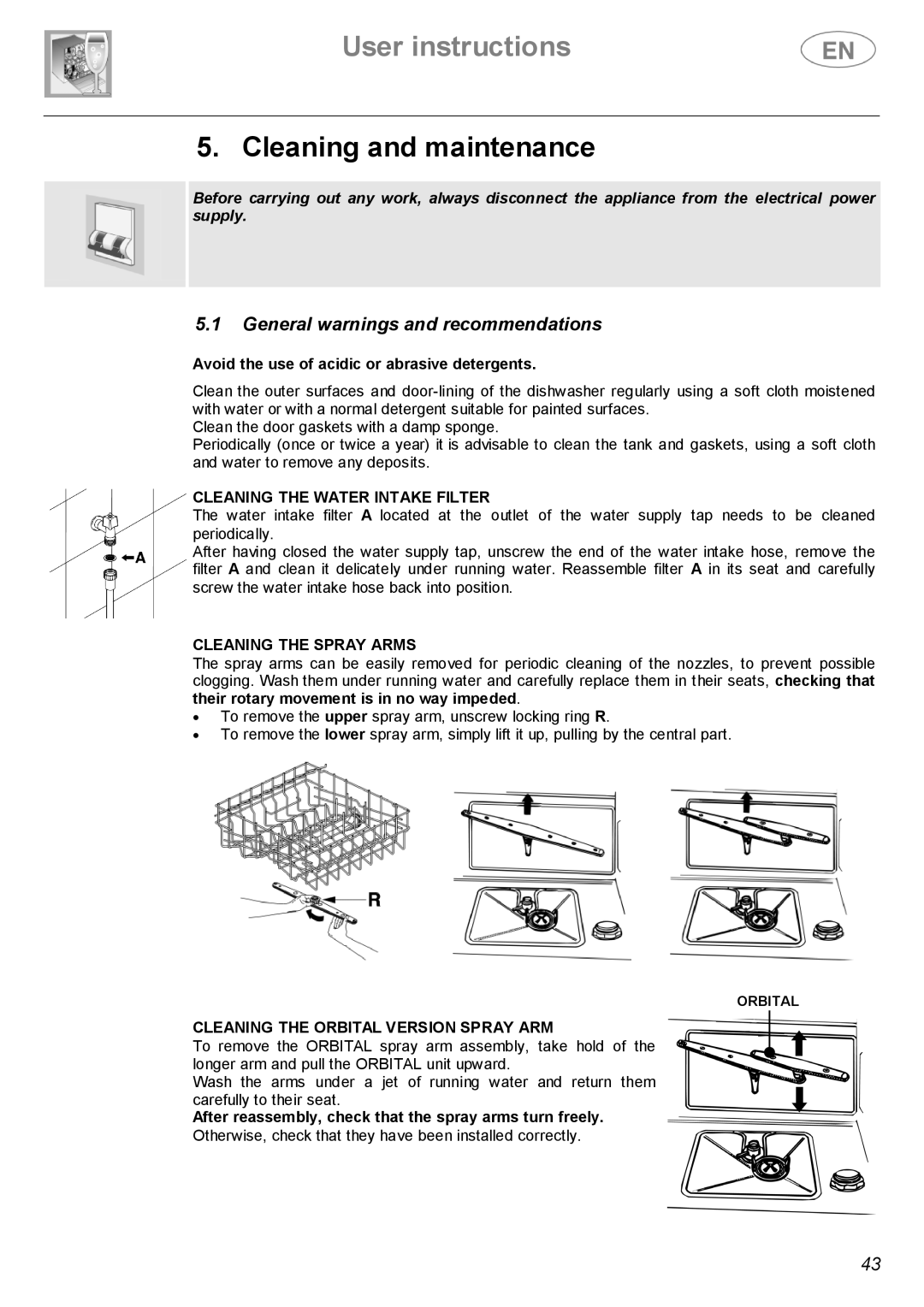 Smeg BL1S, BL2S instruction manual Cleaning and maintenance, Cleaning the Water Intake Filter, Cleaning the Spray Arms 