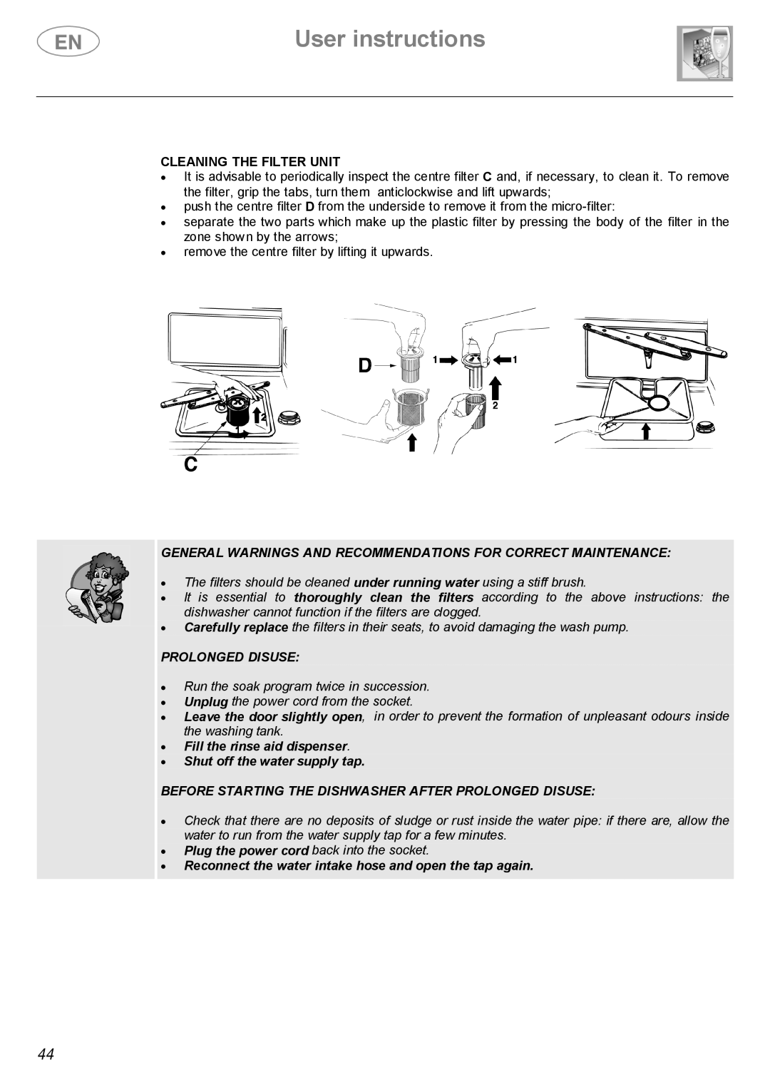 Smeg BL2S, BL1S instruction manual Cleaning the Filter Unit, Prolonged Disuse 