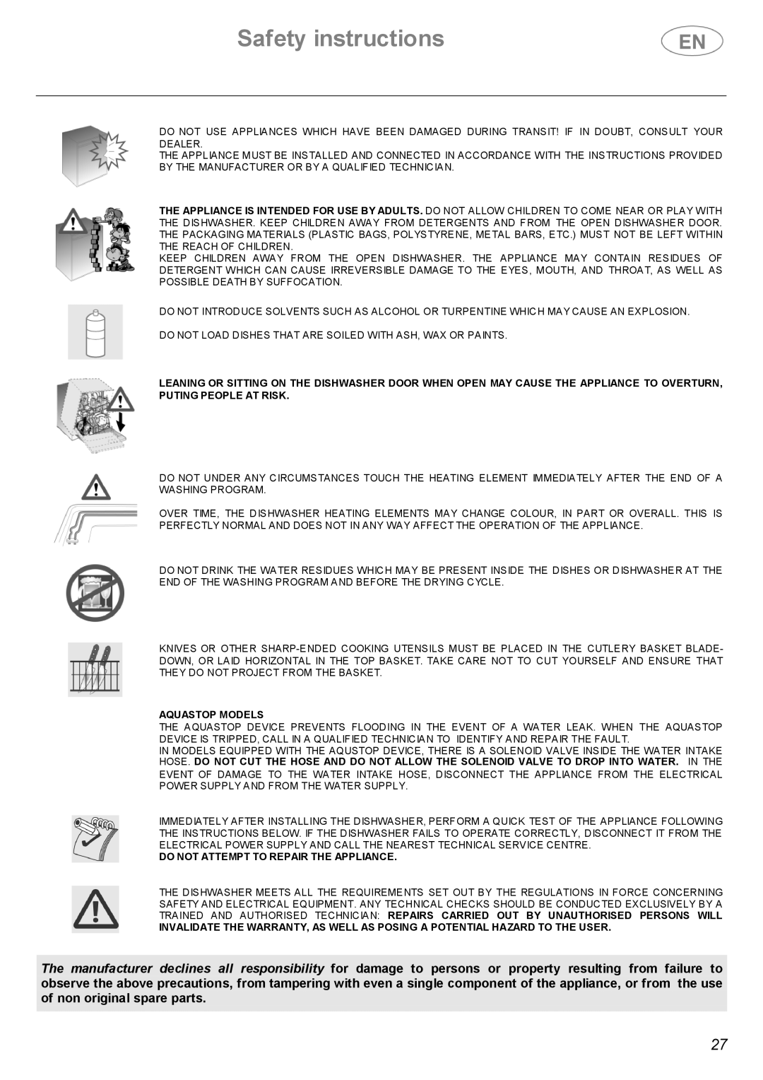 Smeg BL1S, BL2S instruction manual Aquastop Models 