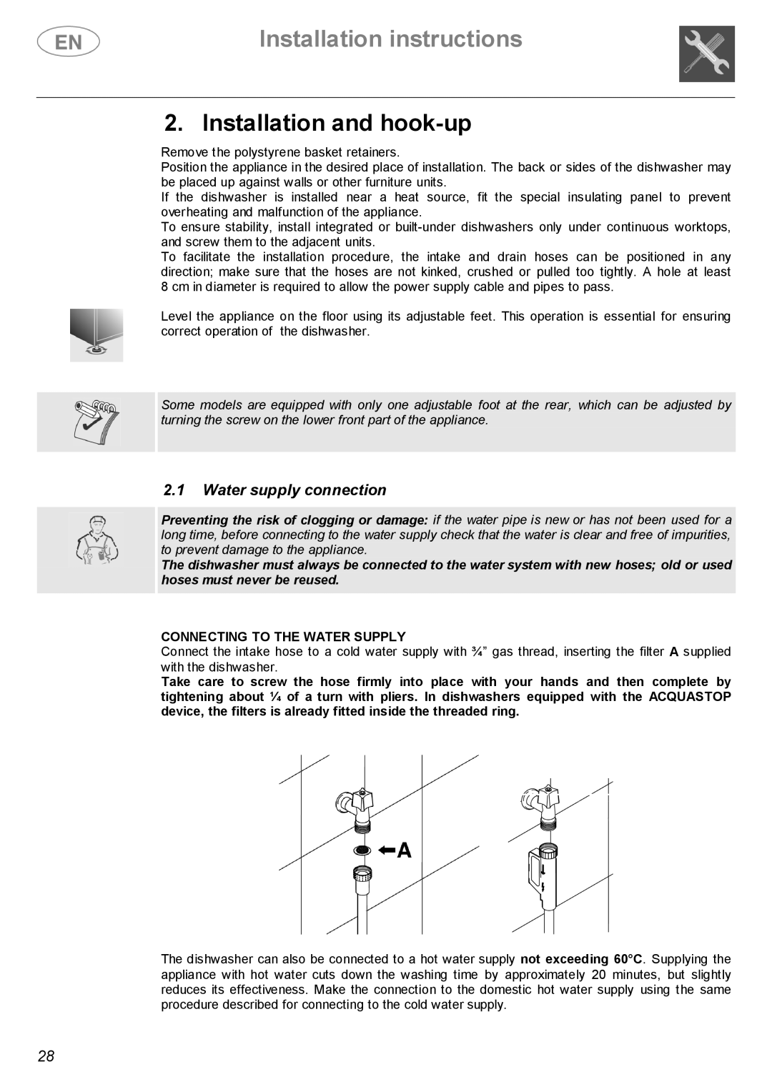 Smeg BL1S, BL2S instruction manual Installation and hook-up, Water supply connection, Connecting to the Water Supply 