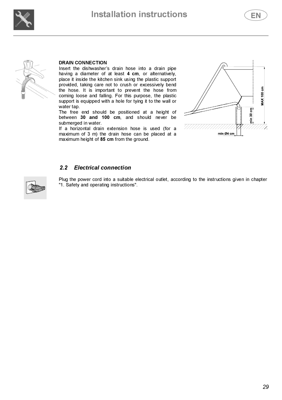 Smeg BL1S, BL2S instruction manual Electrical connection, Drain Connection 