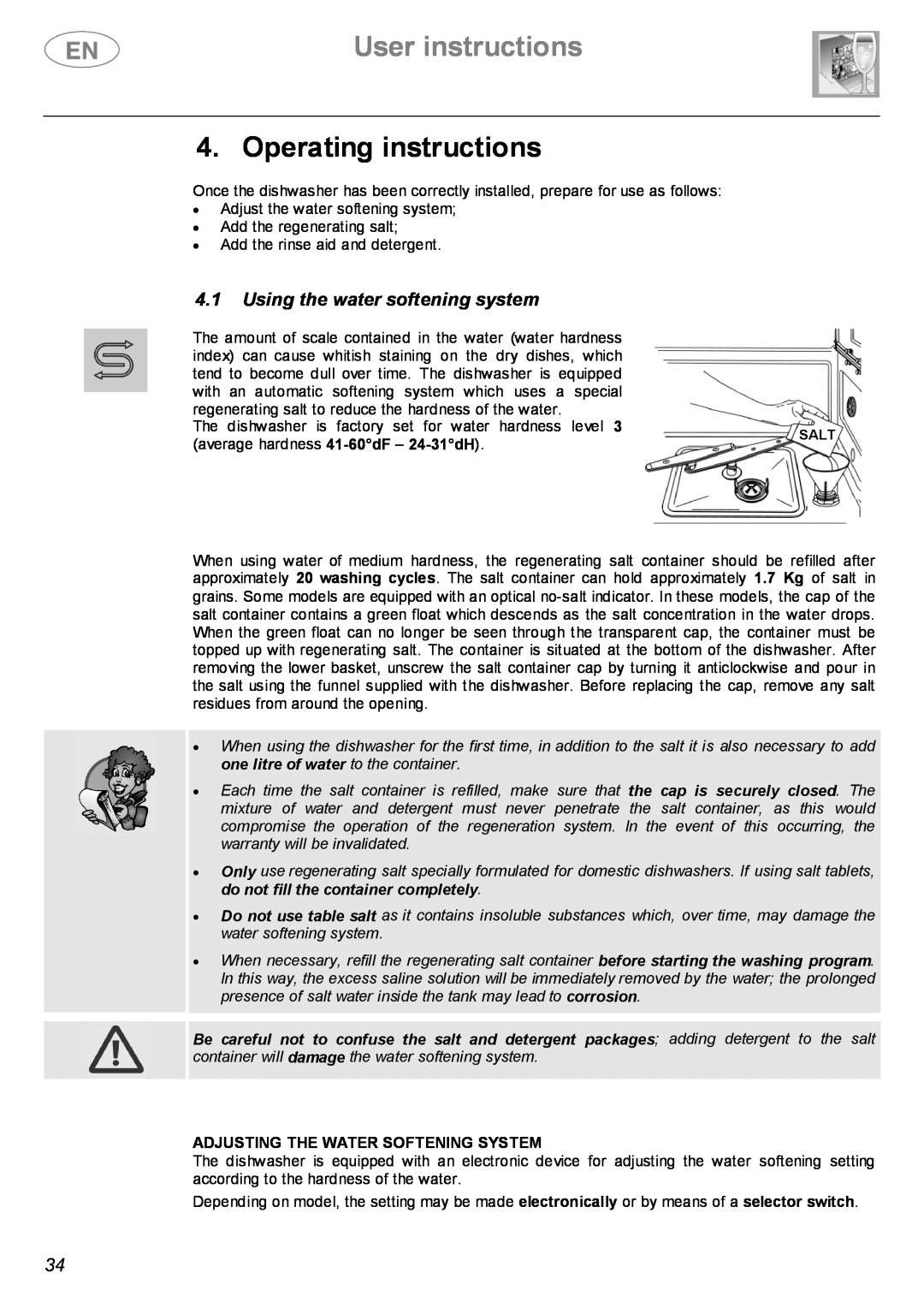 Smeg BL2 Operating instructions, User instructions, Using the water softening system, Adjusting The Water Softening System 