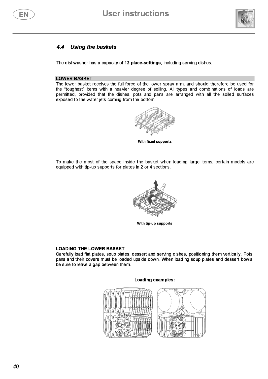 Smeg BL2S, BL1S instruction manual User instructions, 4.4Using the baskets, Loading The Lower Basket, Loading examples 