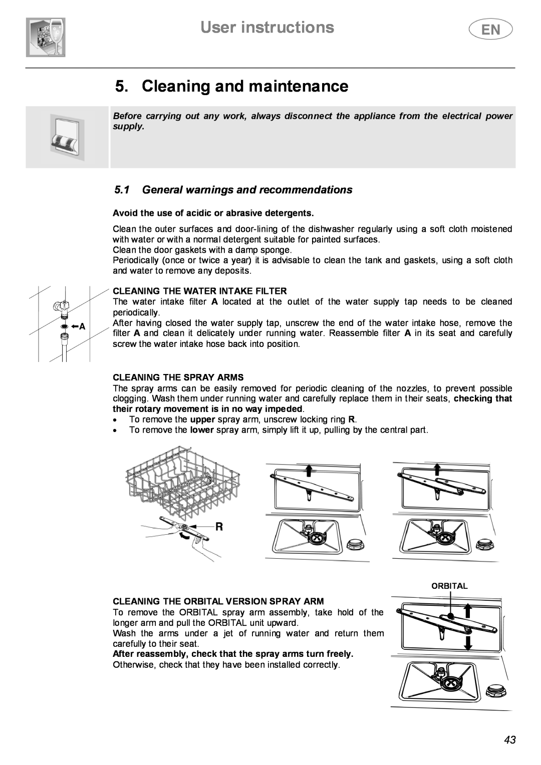 Smeg BL1 Cleaning and maintenance, User instructions, 5.1General warnings and recommendations, Cleaning The Spray Arms 