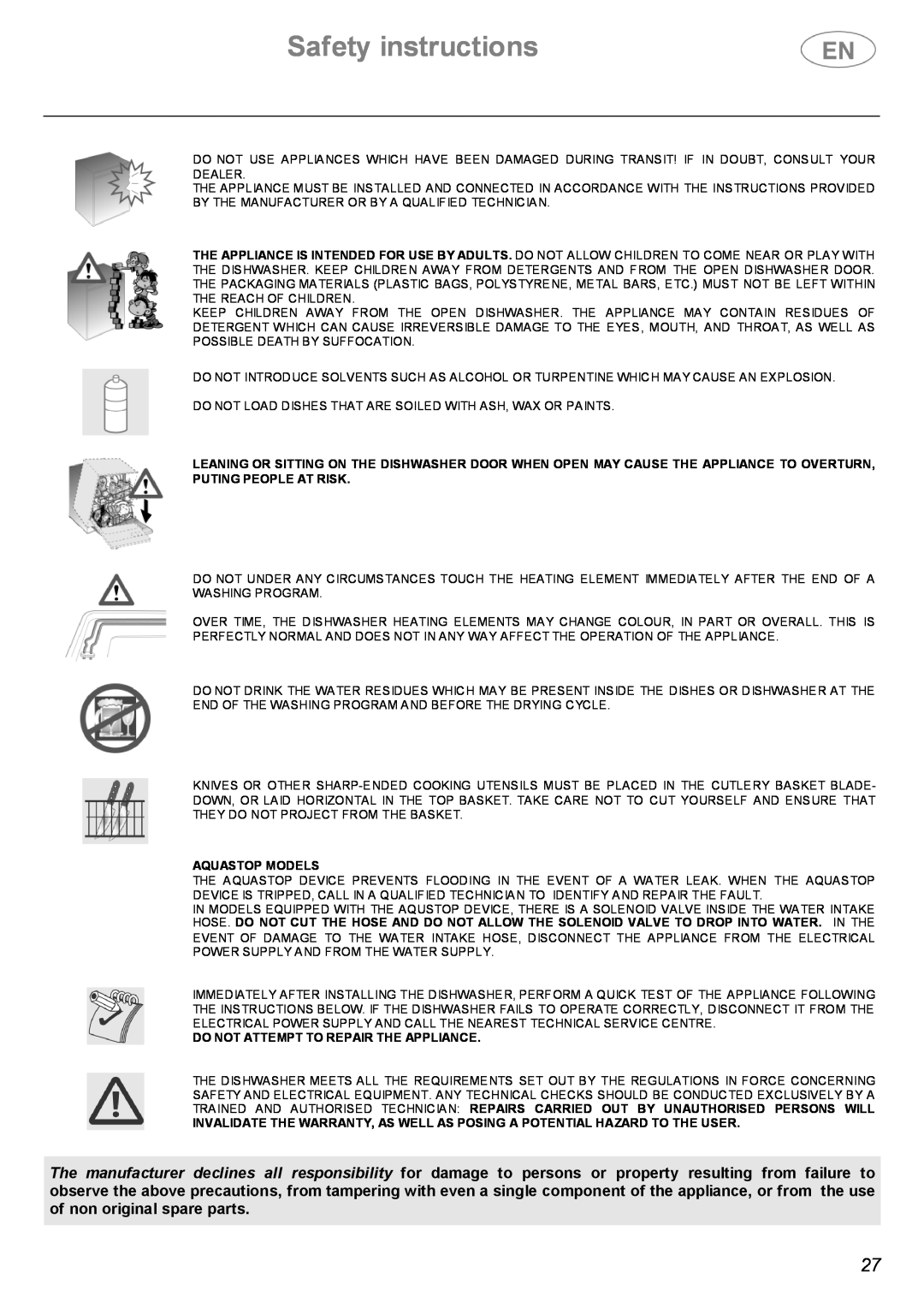Smeg BL1S, BL2S instruction manual Safety instructions, Aquastop Models, Do Not Attempt To Repair The Appliance 