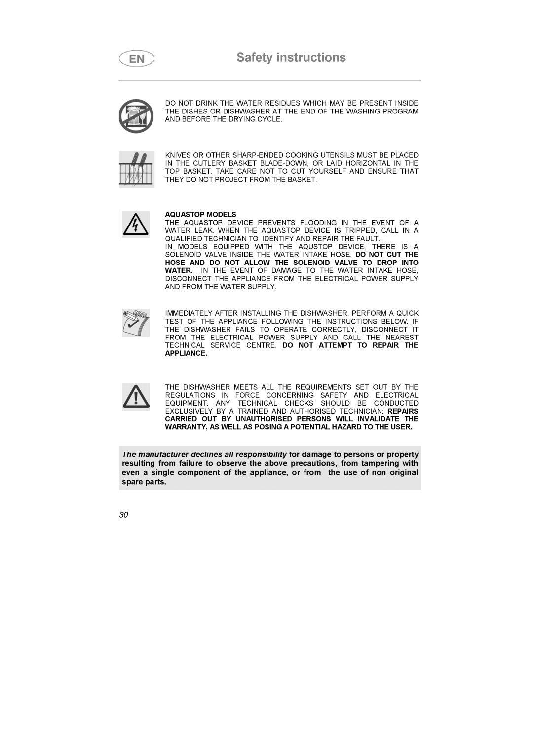 Smeg BLV1NE instruction manual Aquastop Models 