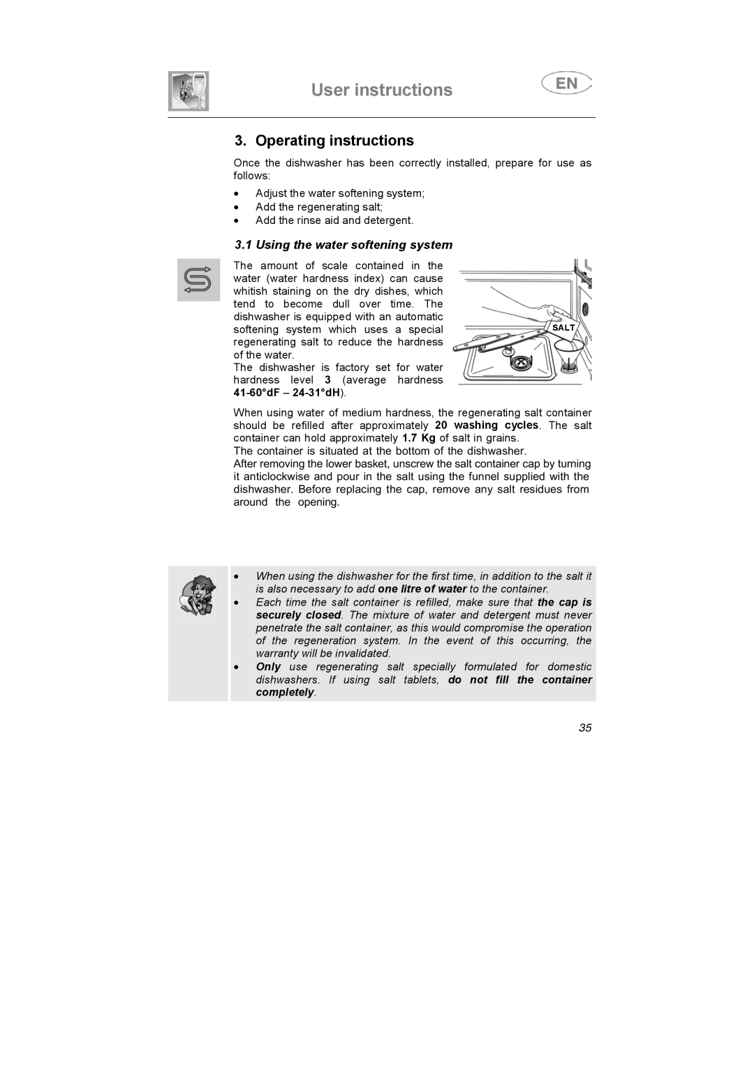 Smeg BLV1NE instruction manual Operating instructions, Using the water softening system 