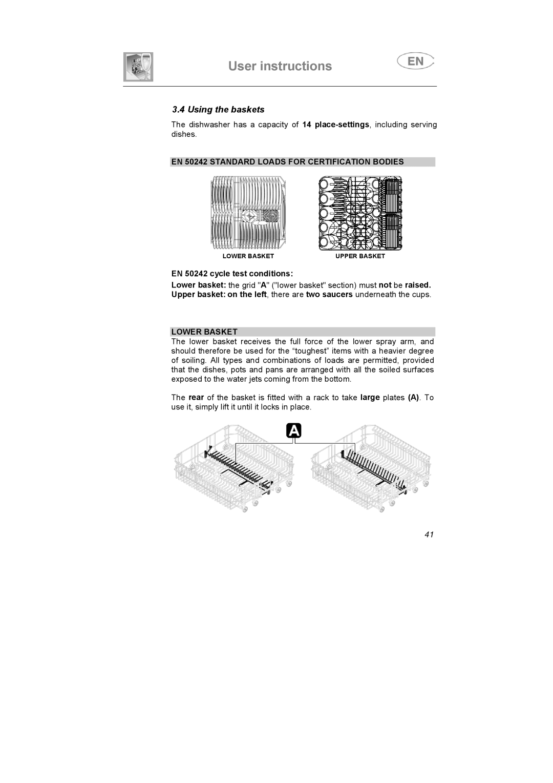 Smeg BLV1NE instruction manual Using the baskets, EN 50242 Standard Loads for Certification Bodies, Lower Basket 