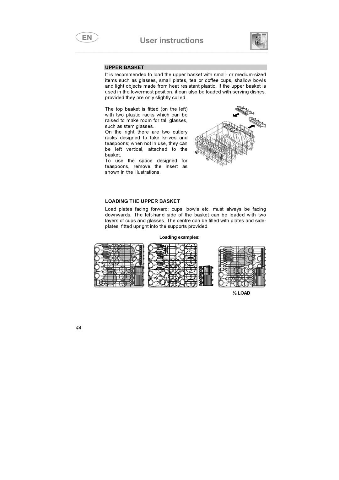 Smeg BLV1NE instruction manual Loading the Upper Basket 