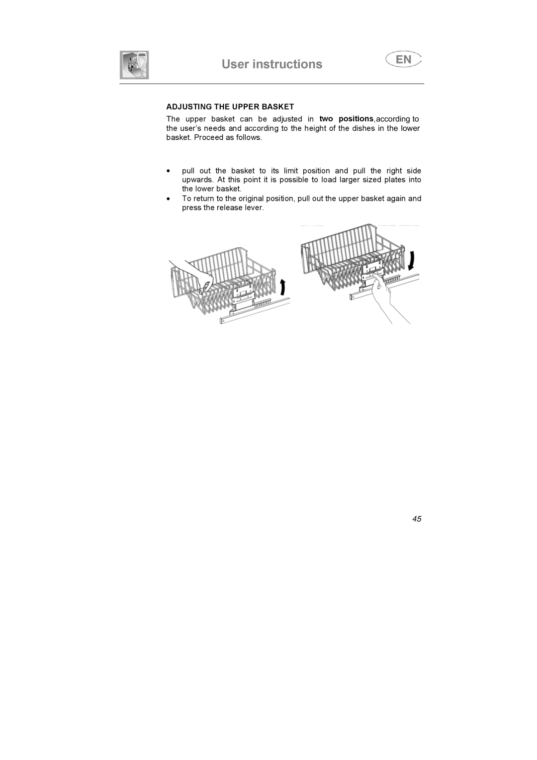 Smeg BLV1NE instruction manual Adjusting the Upper Basket 