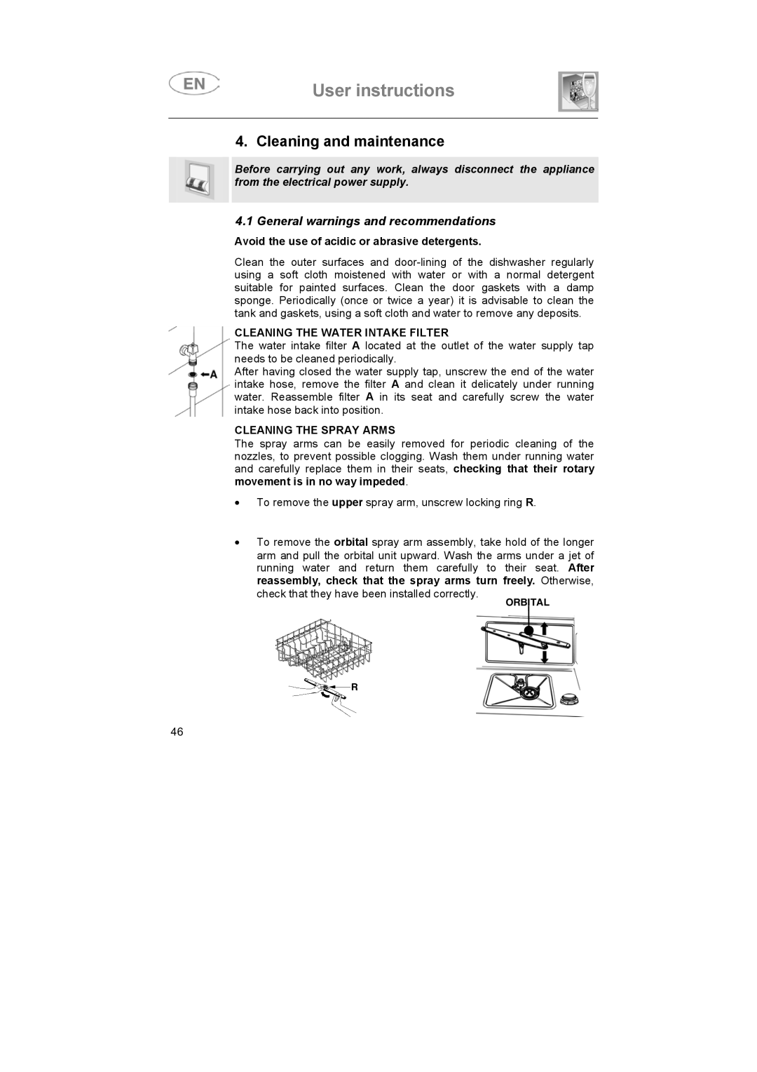 Smeg BLV1NE instruction manual Cleaning and maintenance, Cleaning the Water Intake Filter, Cleaning the Spray Arms 