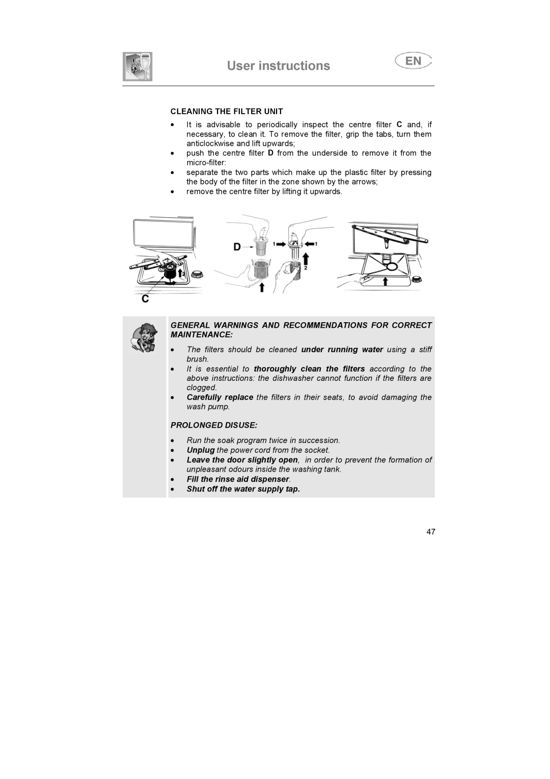 Smeg BLV1NE instruction manual Cleaning the Filter Unit, Prolonged Disuse 