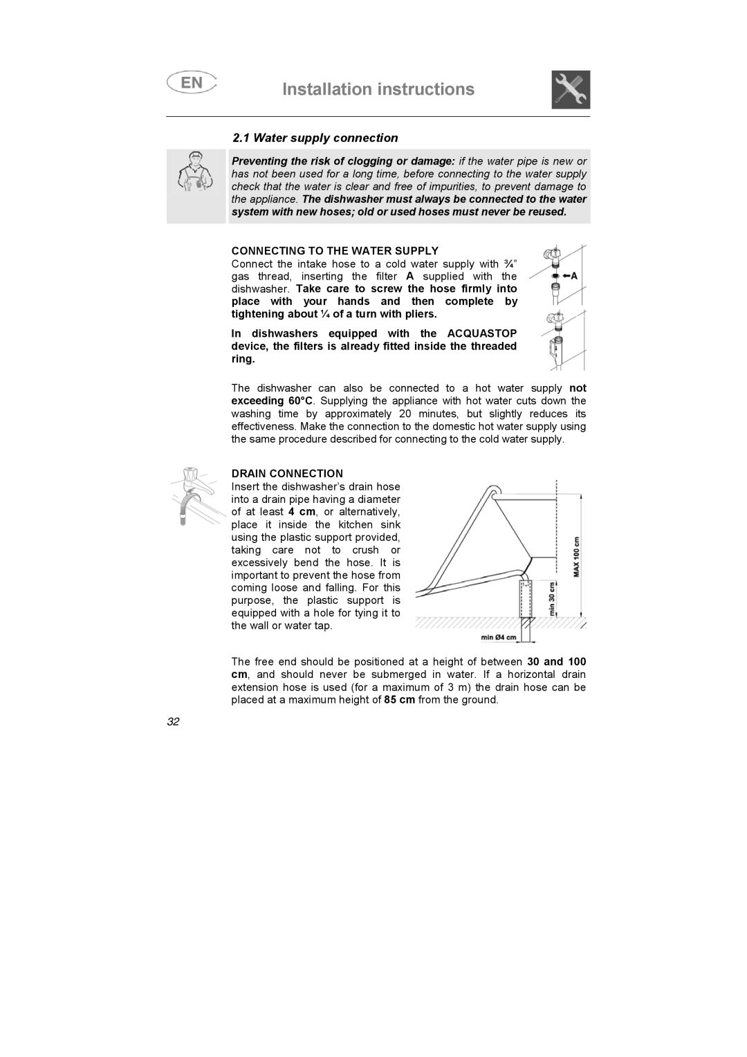 Smeg BLV1R instruction manual Water supply connection, Connecting to the Water Supply, Drain Connection 