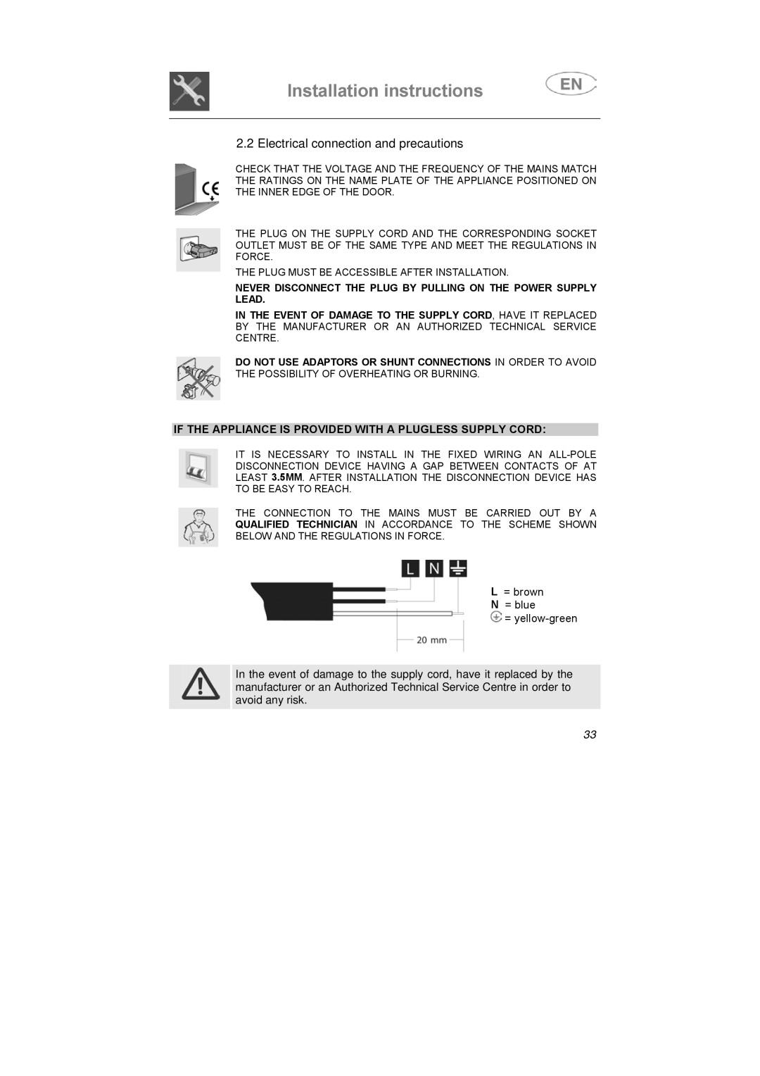 Smeg BLV1R Electrical connection and precautions, If the Appliance is Provided with a Plugless Supply Cord 