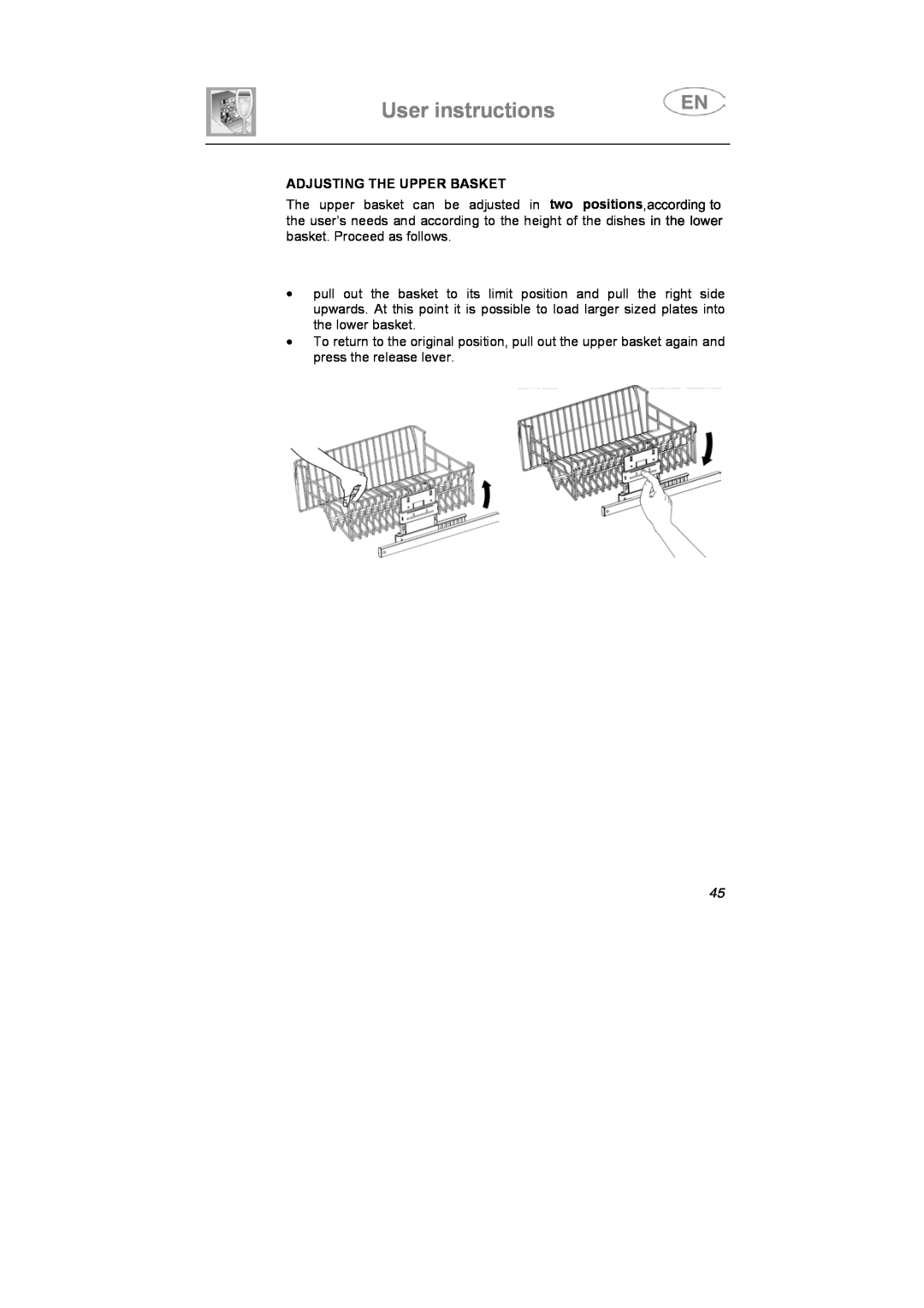 Smeg BLV1R instruction manual Adjusting The Upper Basket, User instructions 