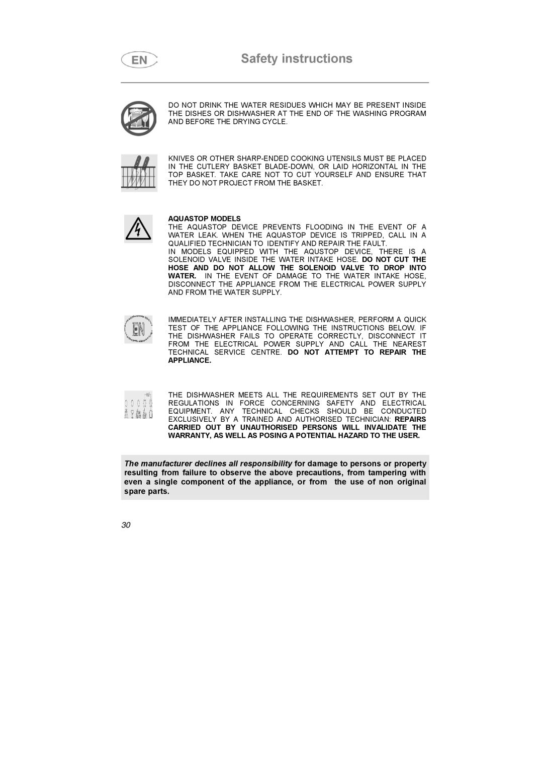 Smeg BLV1RO instruction manual Aquastop Models 