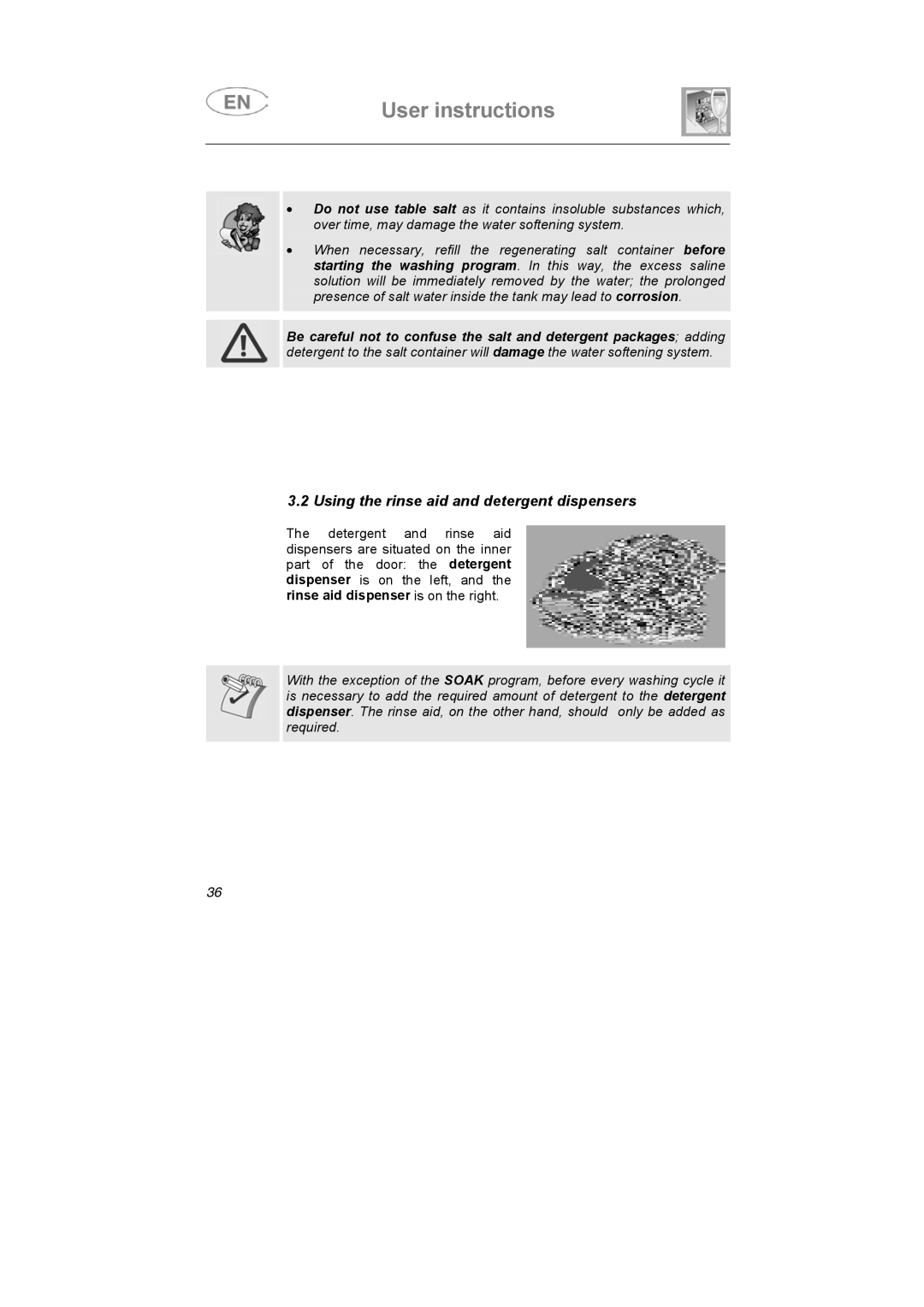 Smeg BLV1RO instruction manual Using the rinse aid and detergent dispensers 