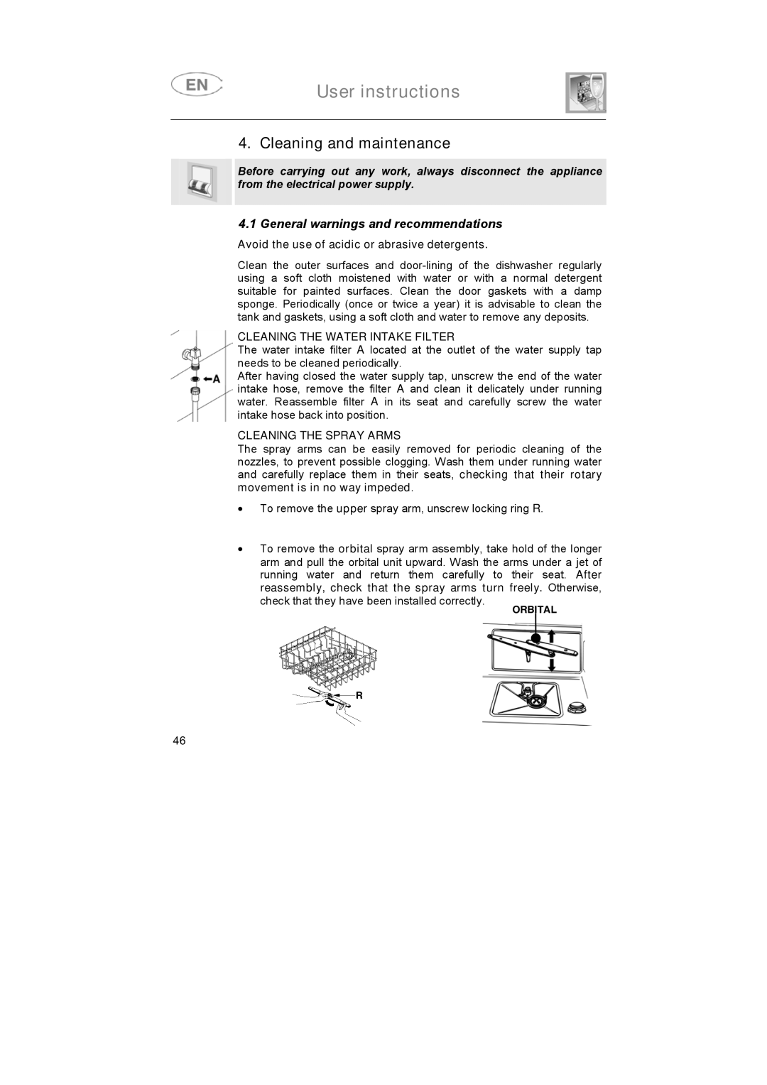 Smeg BLV1RO instruction manual Cleaning and maintenance, Cleaning the Water Intake Filter, Cleaning the Spray Arms 