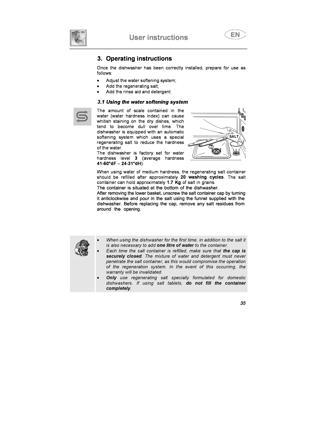 Smeg BLV1RO instruction manual Operating instructions, Using the water softening system, User instructions 