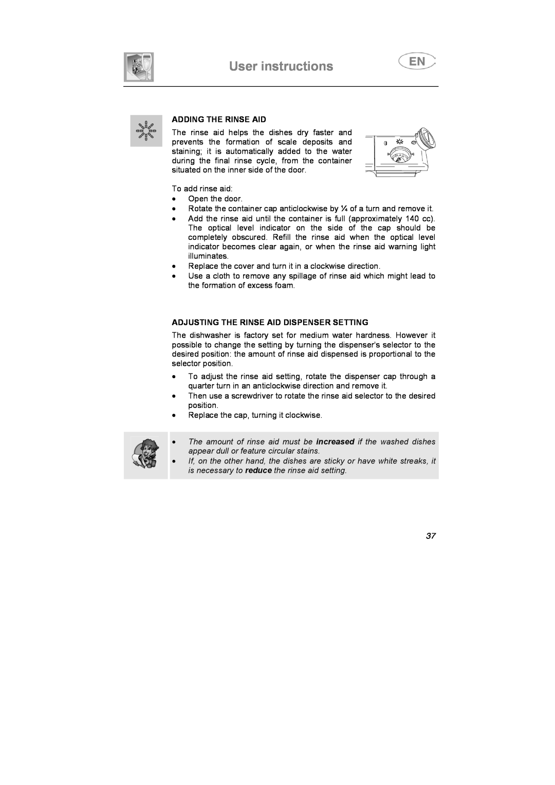 Smeg BLV1RO instruction manual Adding The Rinse Aid, Adjusting The Rinse Aid Dispenser Setting, User instructions 