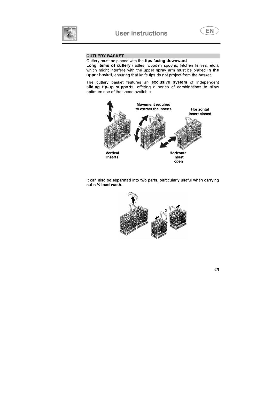 Smeg BLV1RO instruction manual Cutlery Basket, User instructions 