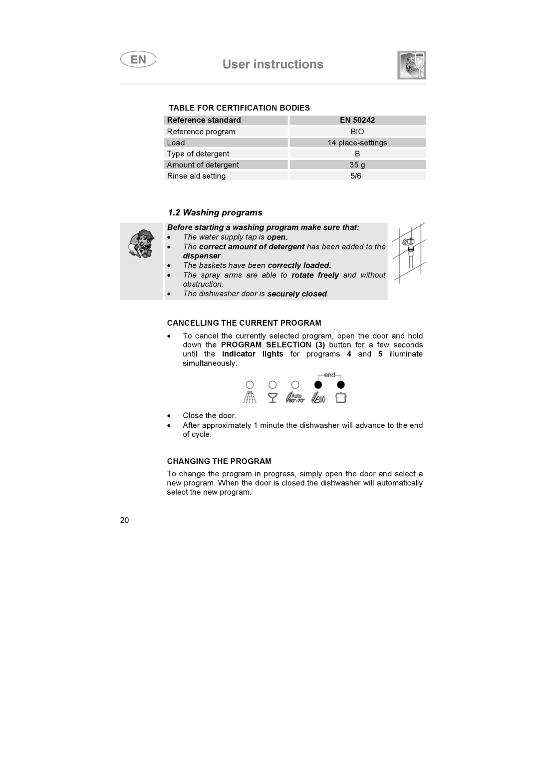 Smeg BLV1VE manual Washing programs, Table for Certification Bodies, Cancelling the Current Program, Changing the Program 