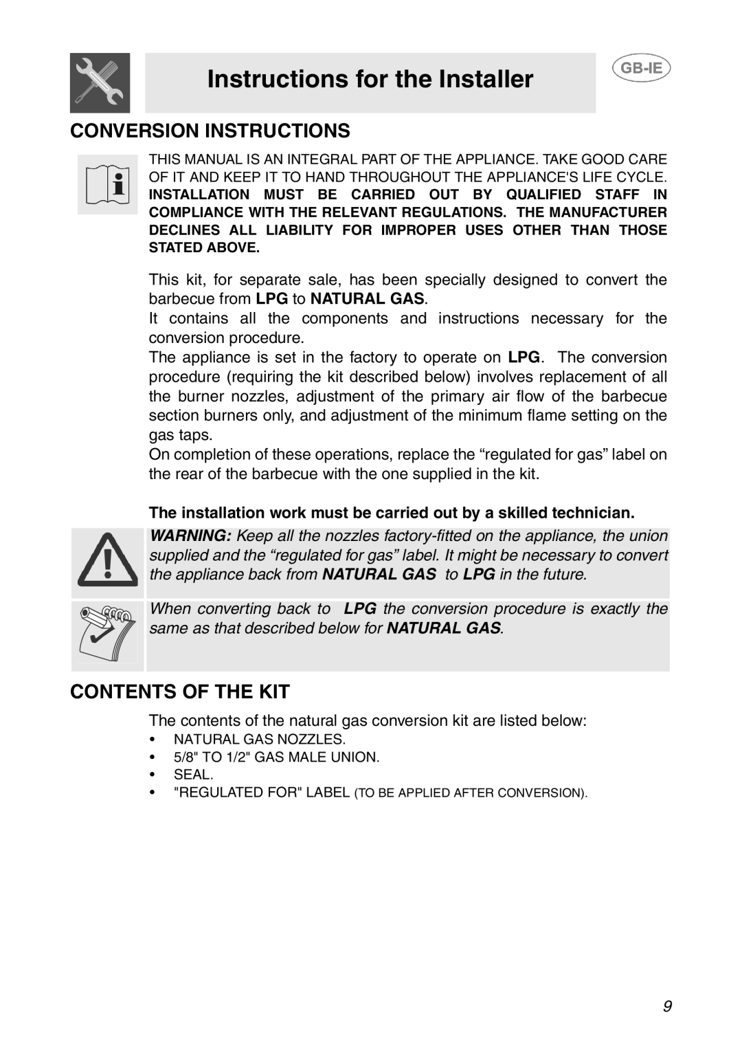 Smeg BQ6030 manual Conversion Instructions, Contents of the KIT 