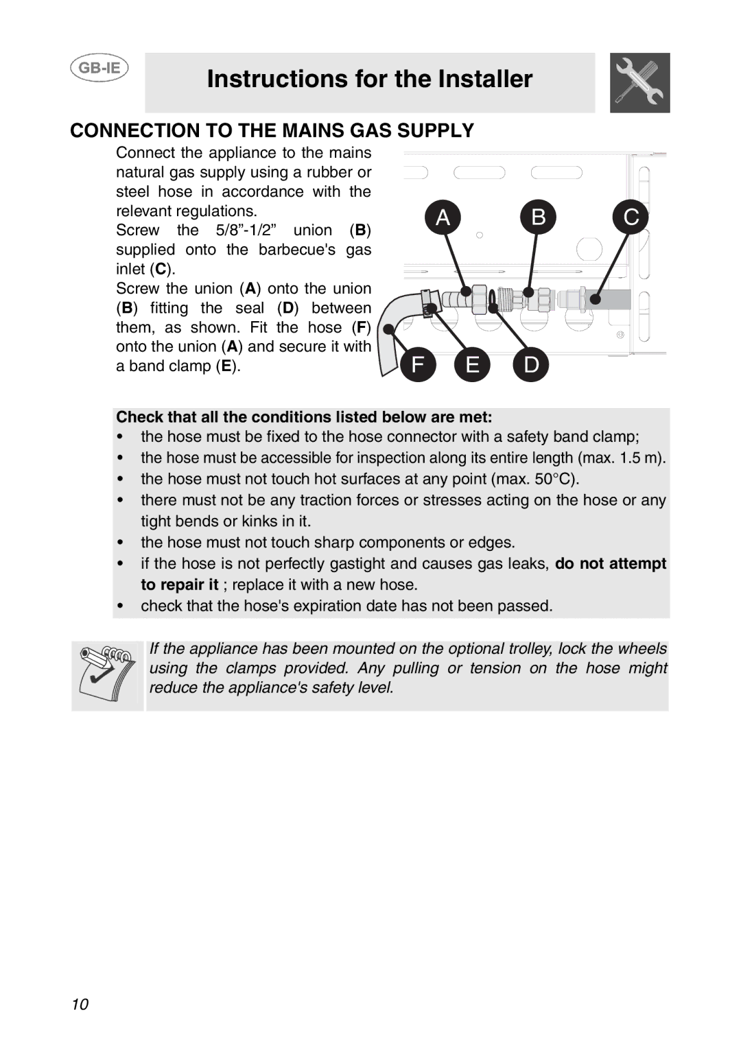 Smeg BQ6030 manual Connection to the Mains GAS Supply, Check that all the conditions listed below are met 