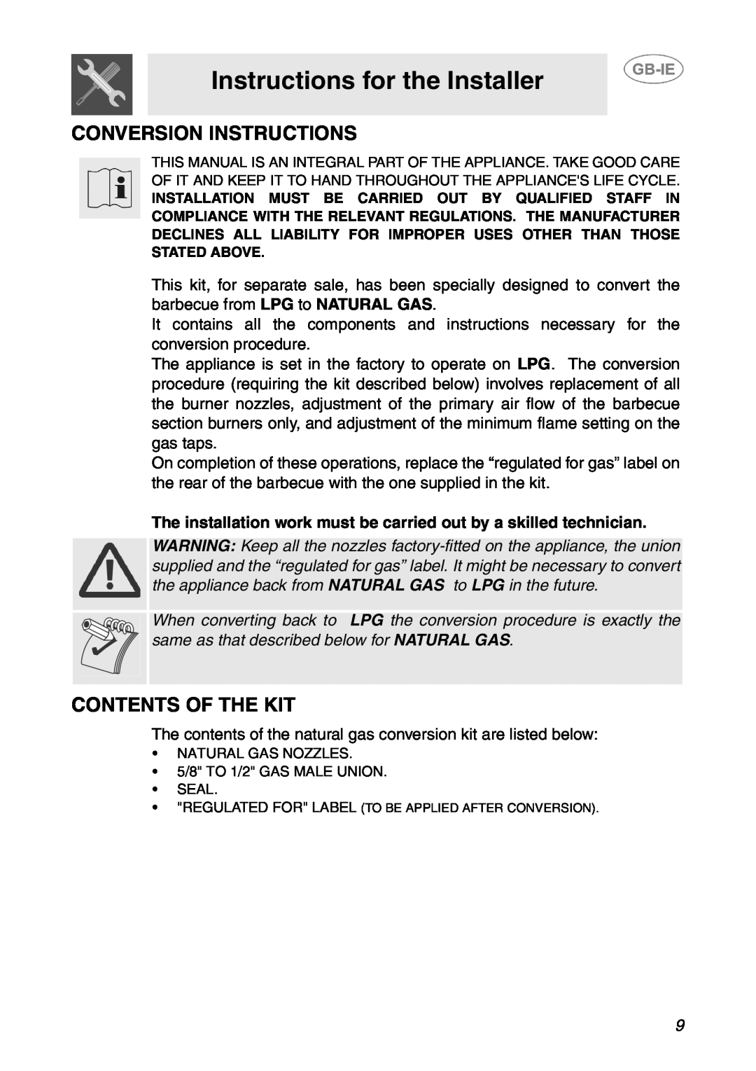 Smeg BQ6030 manual Instructions for the Installer, Conversion Instructions, Contents Of The Kit 