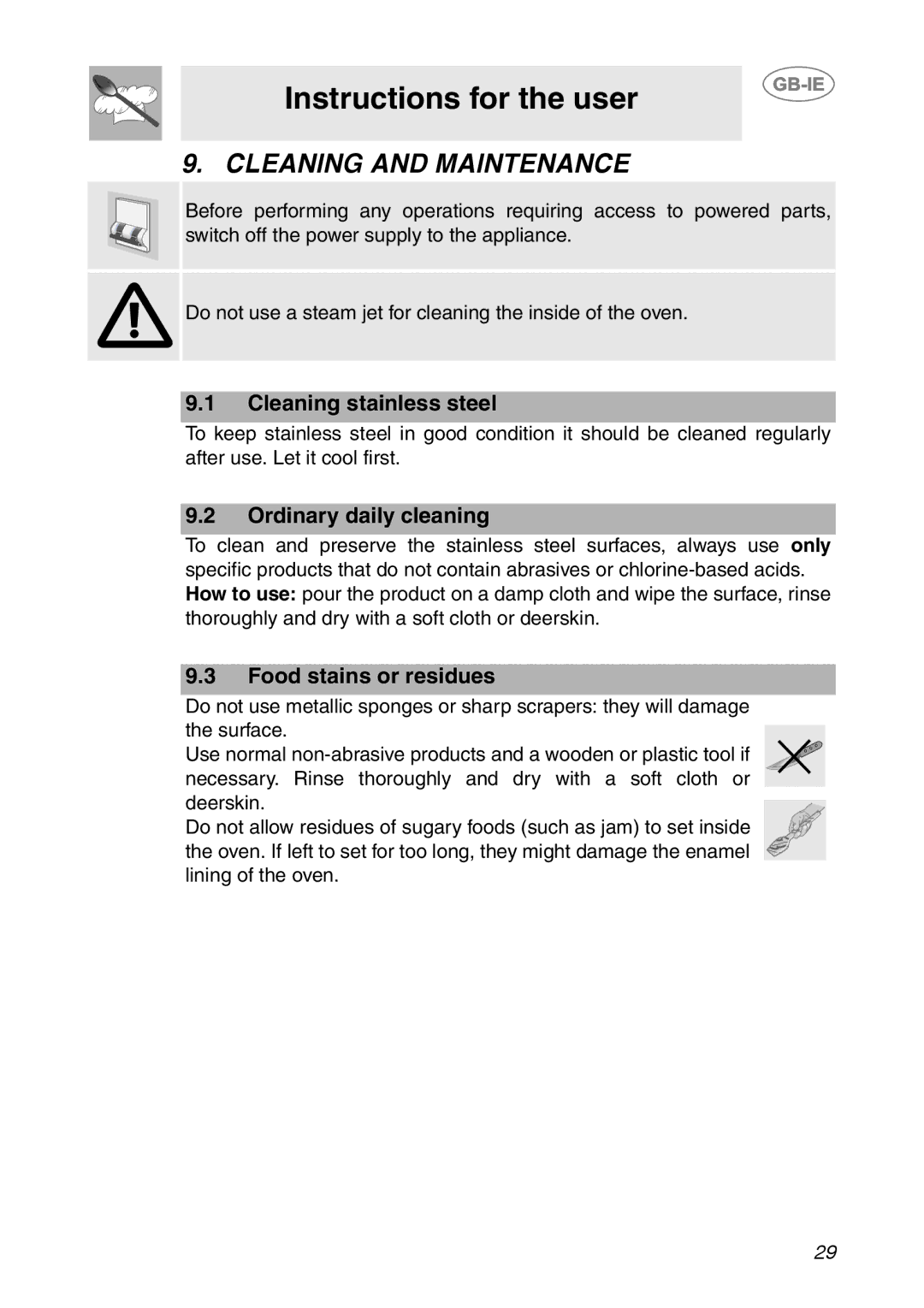 Smeg Built-in Microwave Oven manual Cleaning and Maintenance, Cleaning stainless steel, Ordinary daily cleaning 