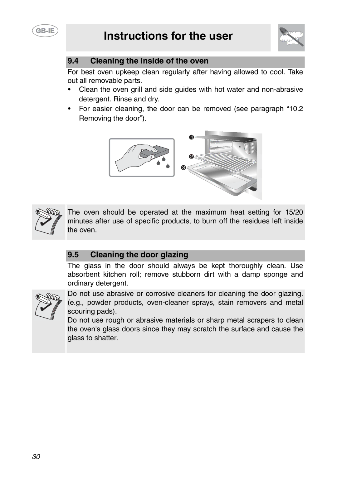 Smeg Built-in Microwave Oven manual Cleaning the inside of the oven, Cleaning the door glazing 