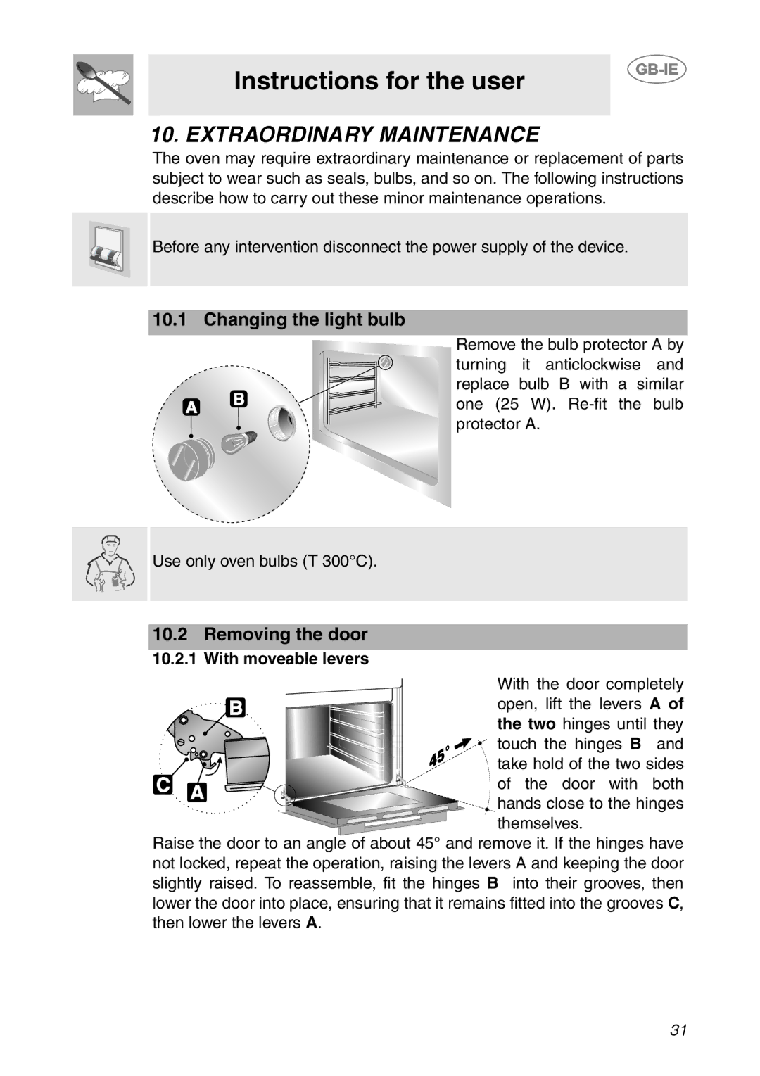 Smeg Built-in Microwave Oven manual Extraordinary Maintenance, Changing the light bulb 