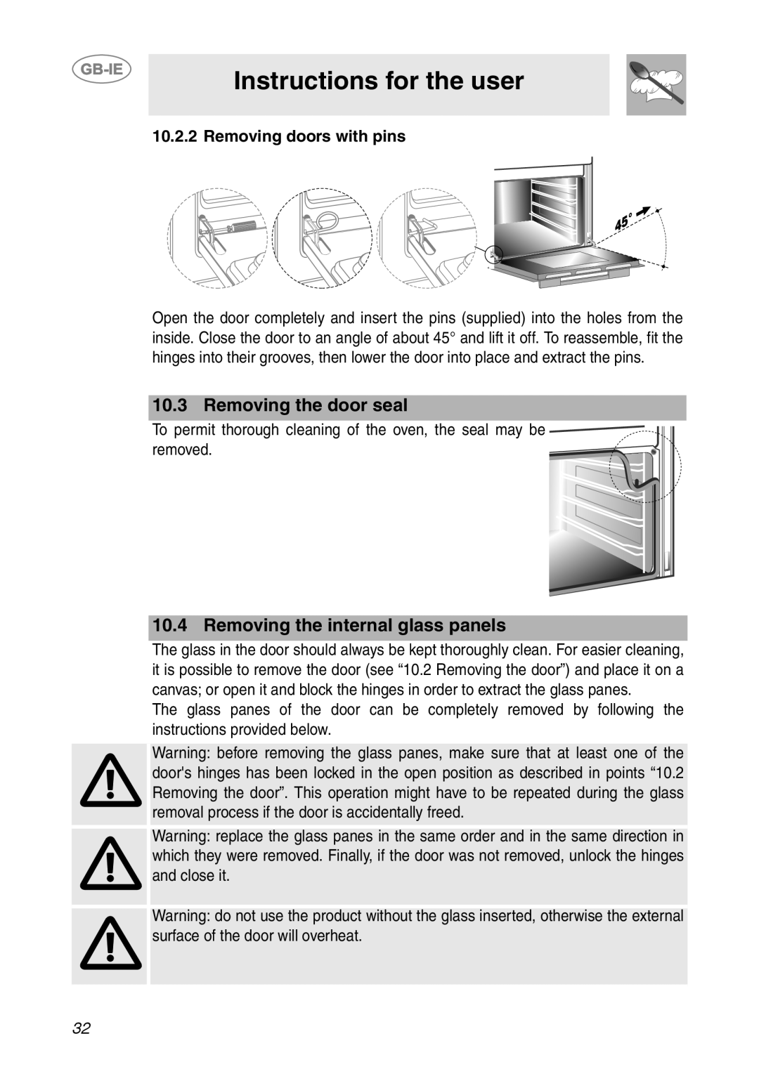 Smeg Built-in Microwave Oven manual Removing the door seal, Removing the internal glass panels, Removing doors with pins 