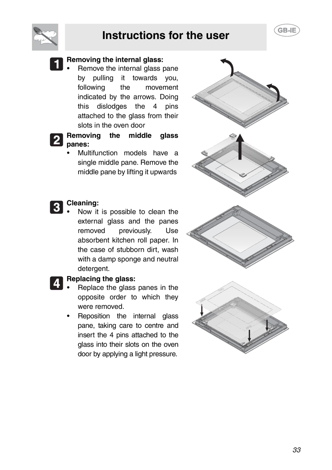 Smeg Built-in Microwave Oven Removing the internal glass, Removing the middle glass panes, Cleaning, Replacing the glass 