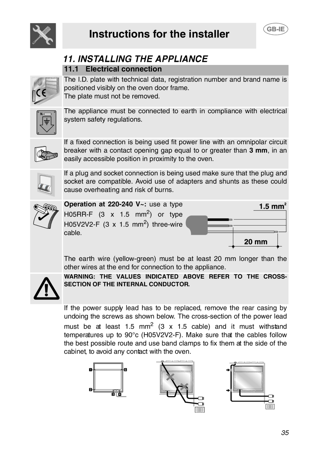 Smeg Built-in Microwave Oven manual Instructions for the installer, Installing the Appliance, Electrical connection 