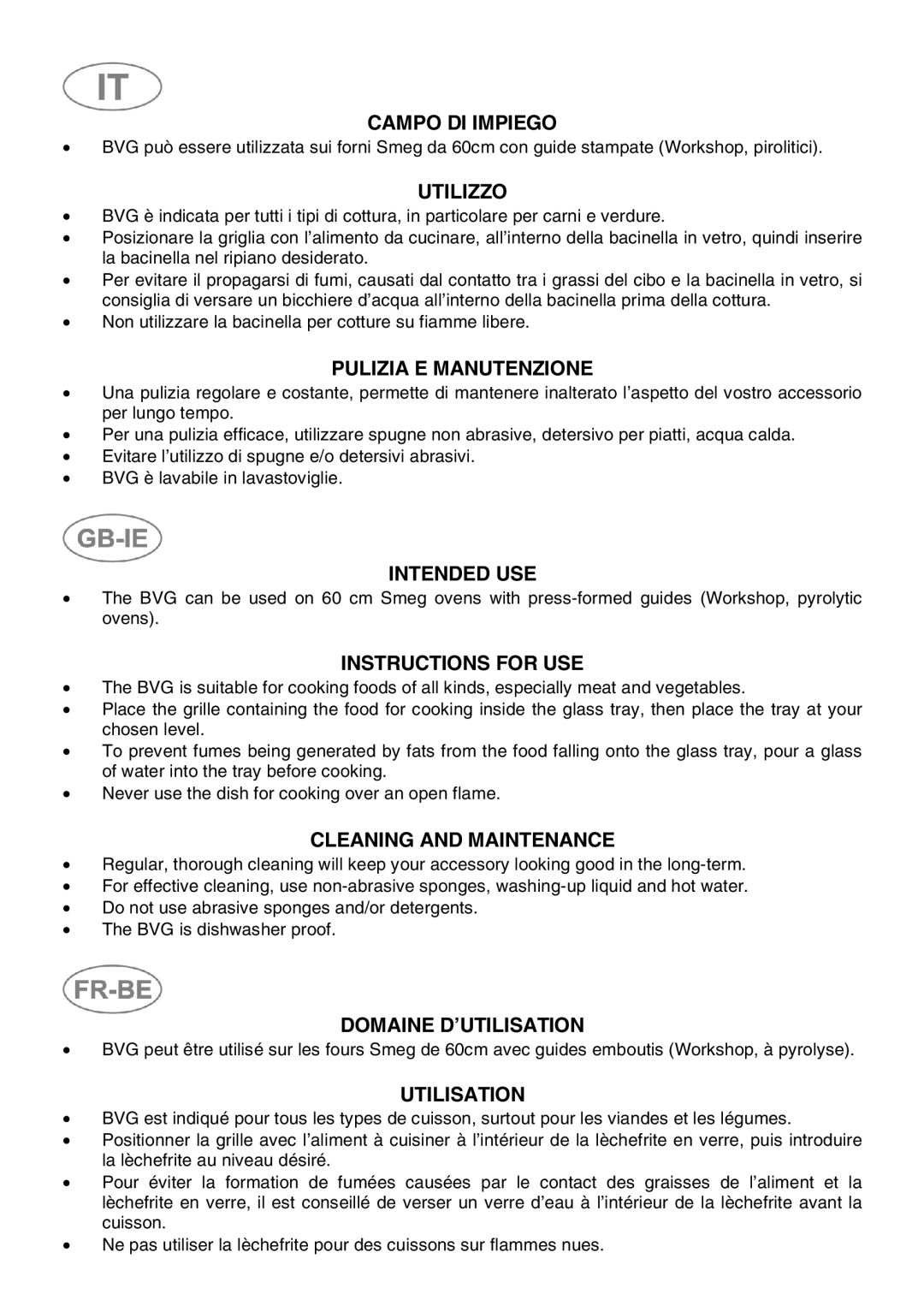 Smeg BVG Campo DI Impiego, Utilizzo, Pulizia E Manutenzione, Intended USE, Instructions for USE, Cleaning and Maintenance 