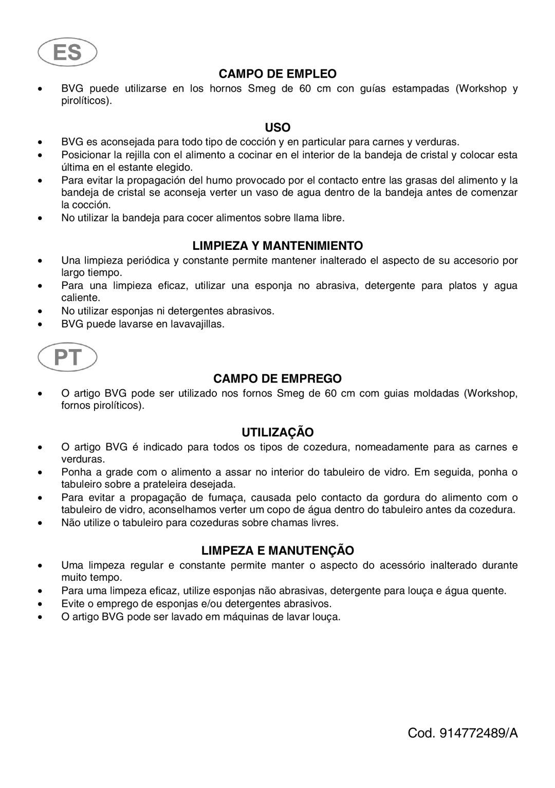 Smeg BVG manual Campo DE Empleo, Uso, Limpieza Y Mantenimiento, Campo DE Emprego, Utilização, Limpeza E Manutenção 