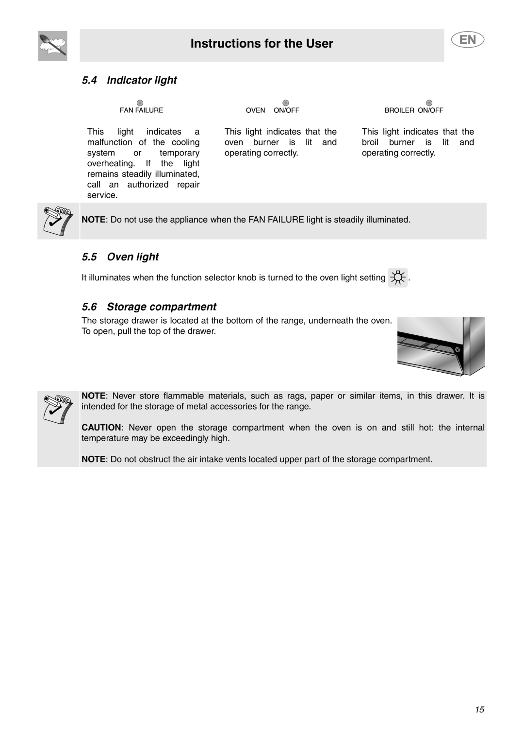 Smeg C6GGXU important safety instructions Indicator light, Oven light, Storage compartment 