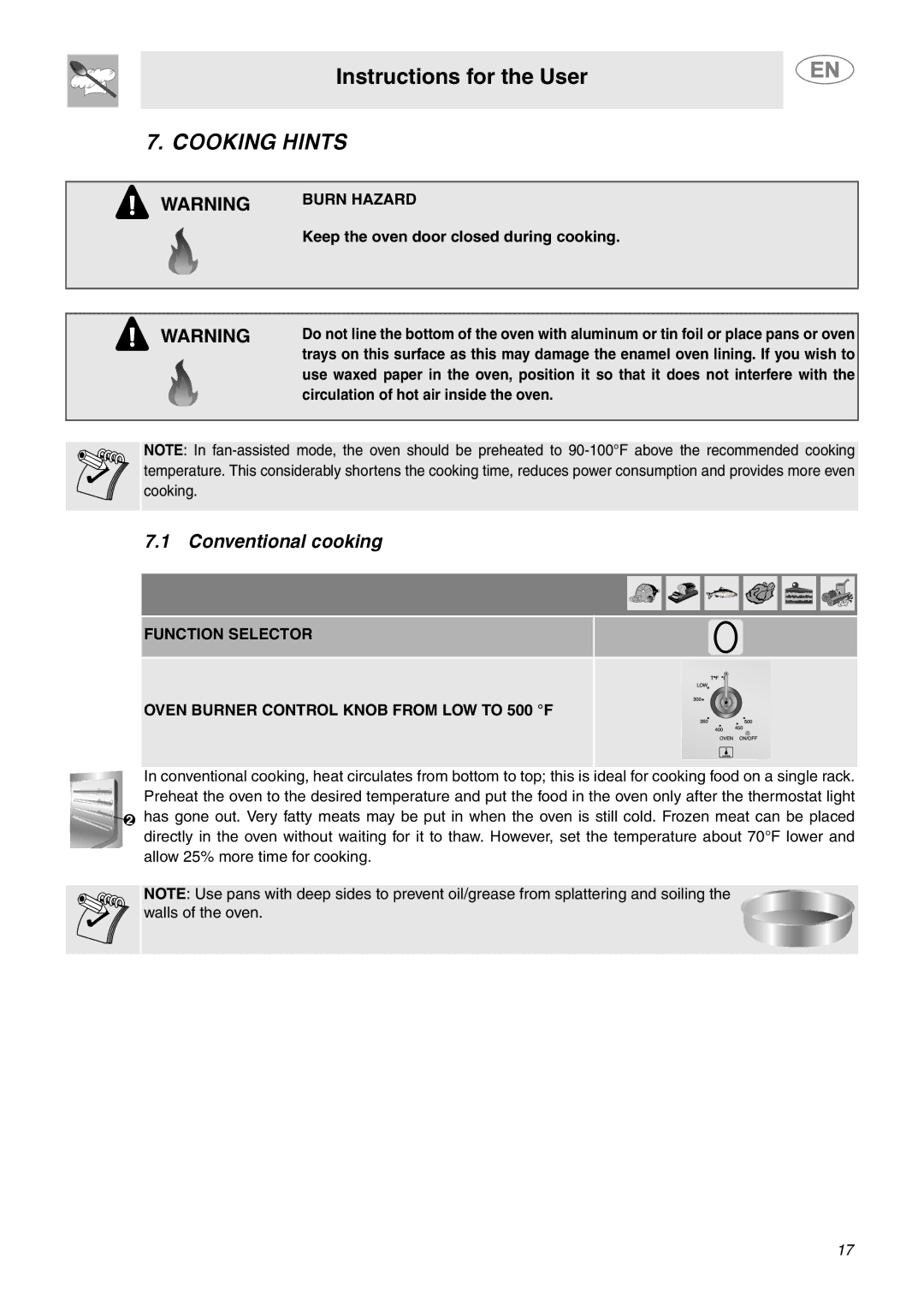 Smeg C6GGXU important safety instructions Cooking Hints, Conventional cooking 