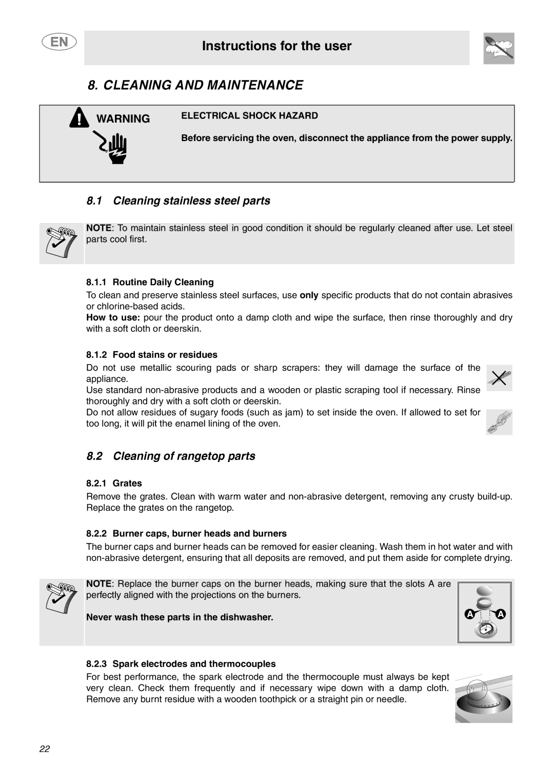 Smeg C6GGXU Cleaning and Maintenance, Cleaning stainless steel parts, Cleaning of rangetop parts, Electrical Shock Hazard 