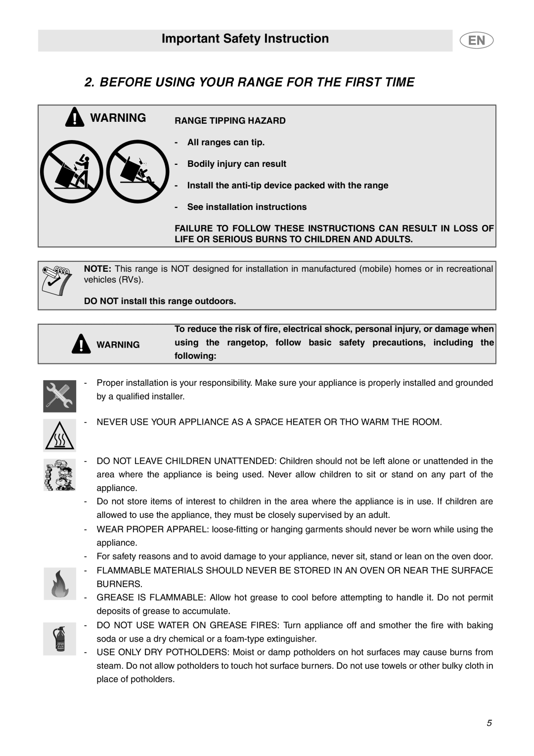 Smeg C6GGXU important safety instructions Before Using Your Range for the First Time, Range Tipping Hazard 