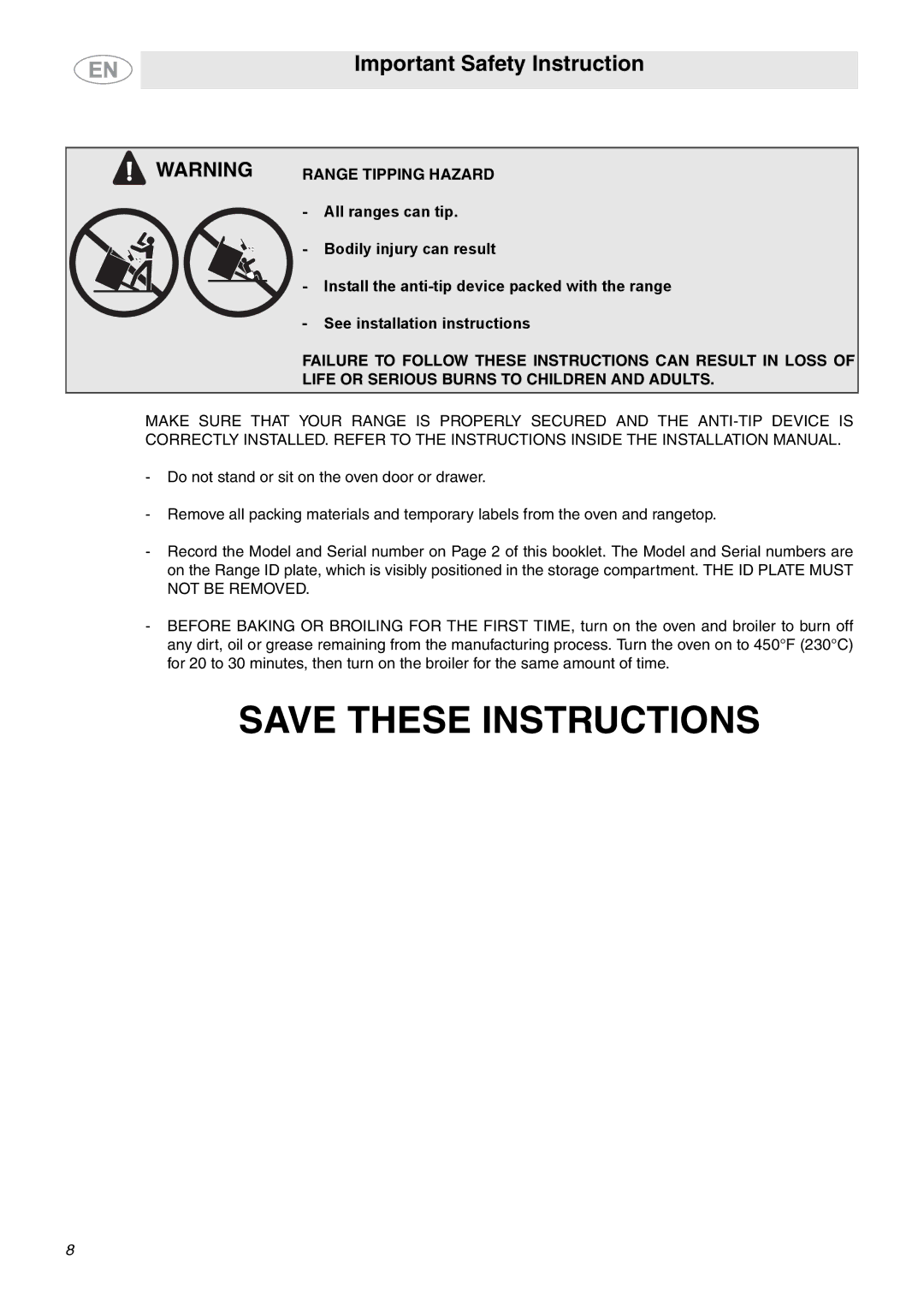 Smeg C6GGXU important safety instructions Range Tipping Hazard 