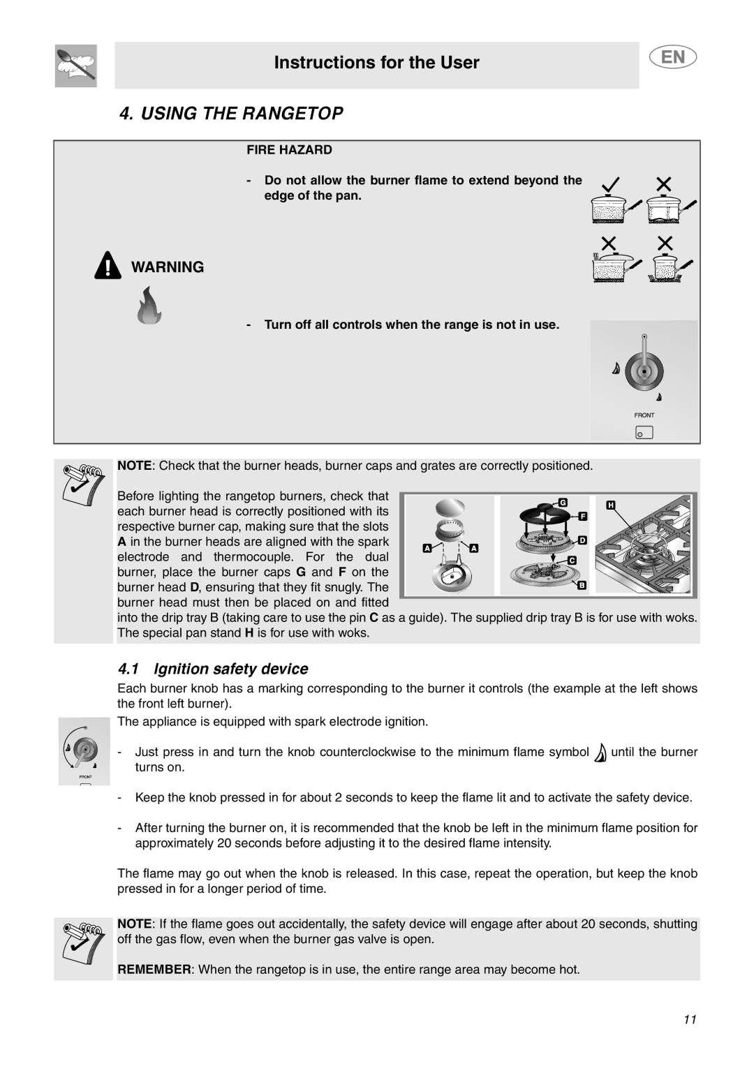 Smeg C6GGXU important safety instructions Using the Rangetop, Ignition safety device, Fire Hazard 