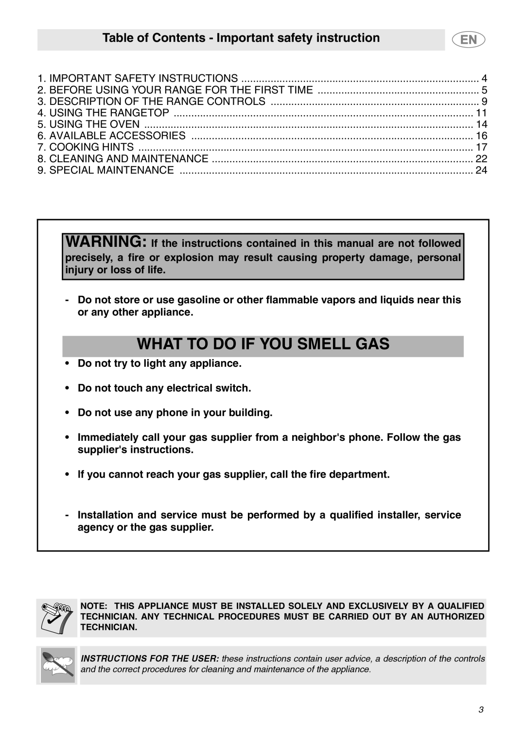 Smeg C6GGXU important safety instructions Table of Contents - Important safety instruction, What To Do If You Smell Gas 