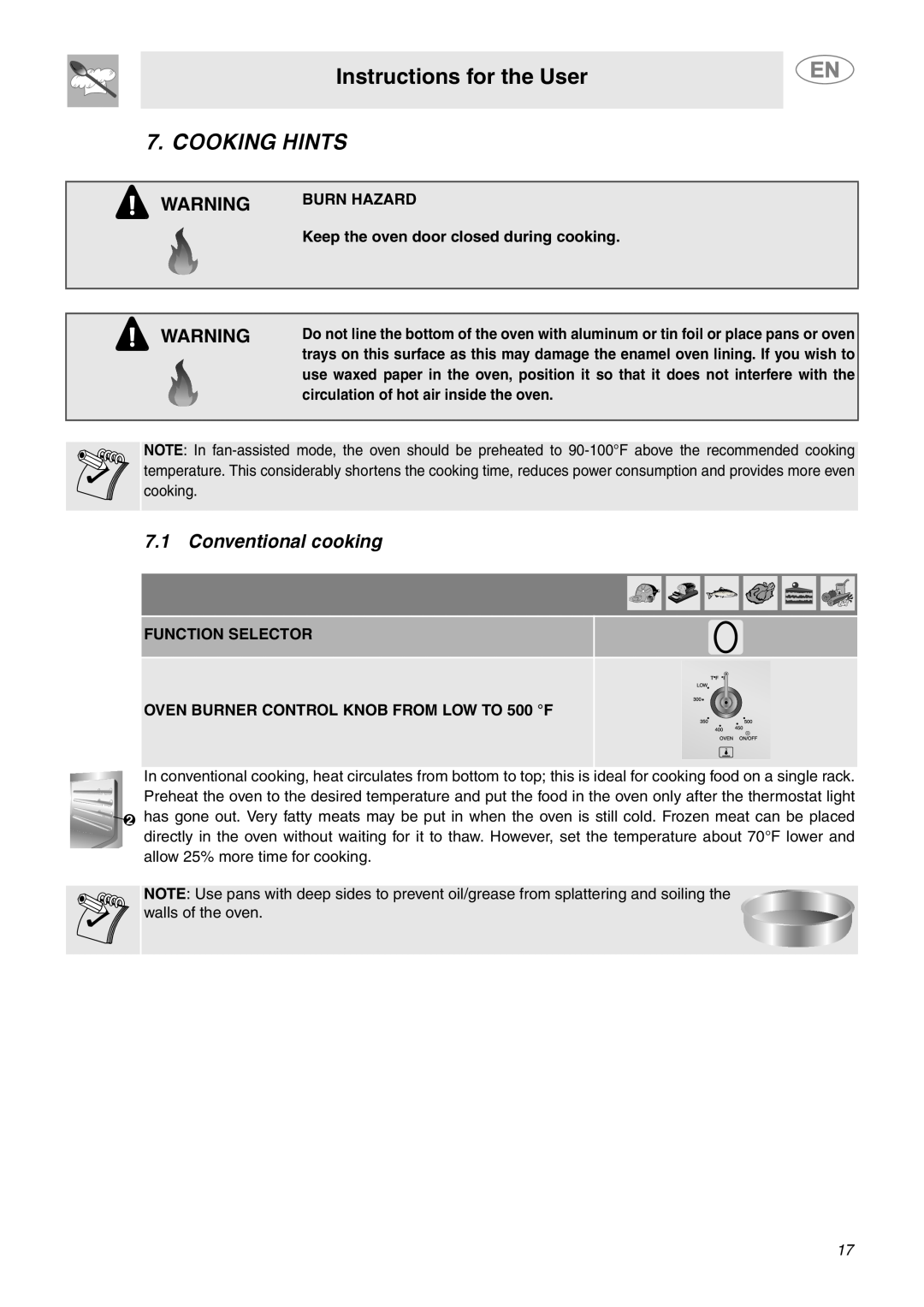 Smeg C6GGXU Cooking Hints, Conventional cooking, Instructions for the User, Burn Hazard, Function Selector 