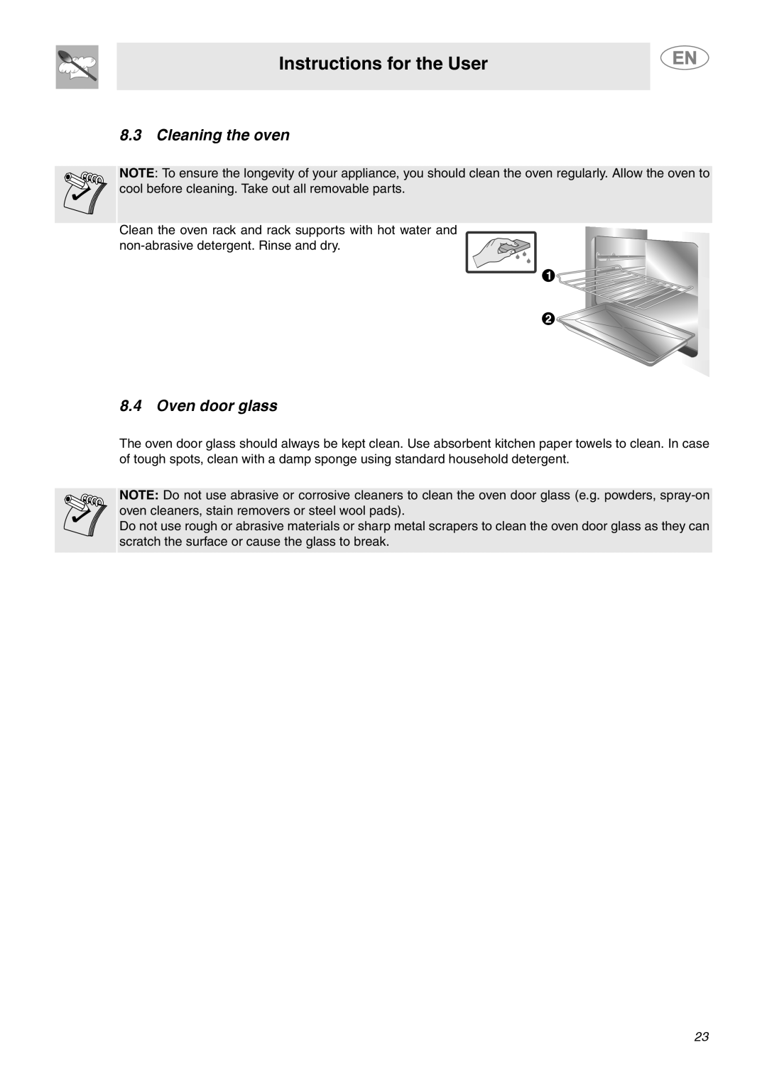 Smeg C6GGXU important safety instructions Cleaning the oven, Oven door glass, Instructions for the User 